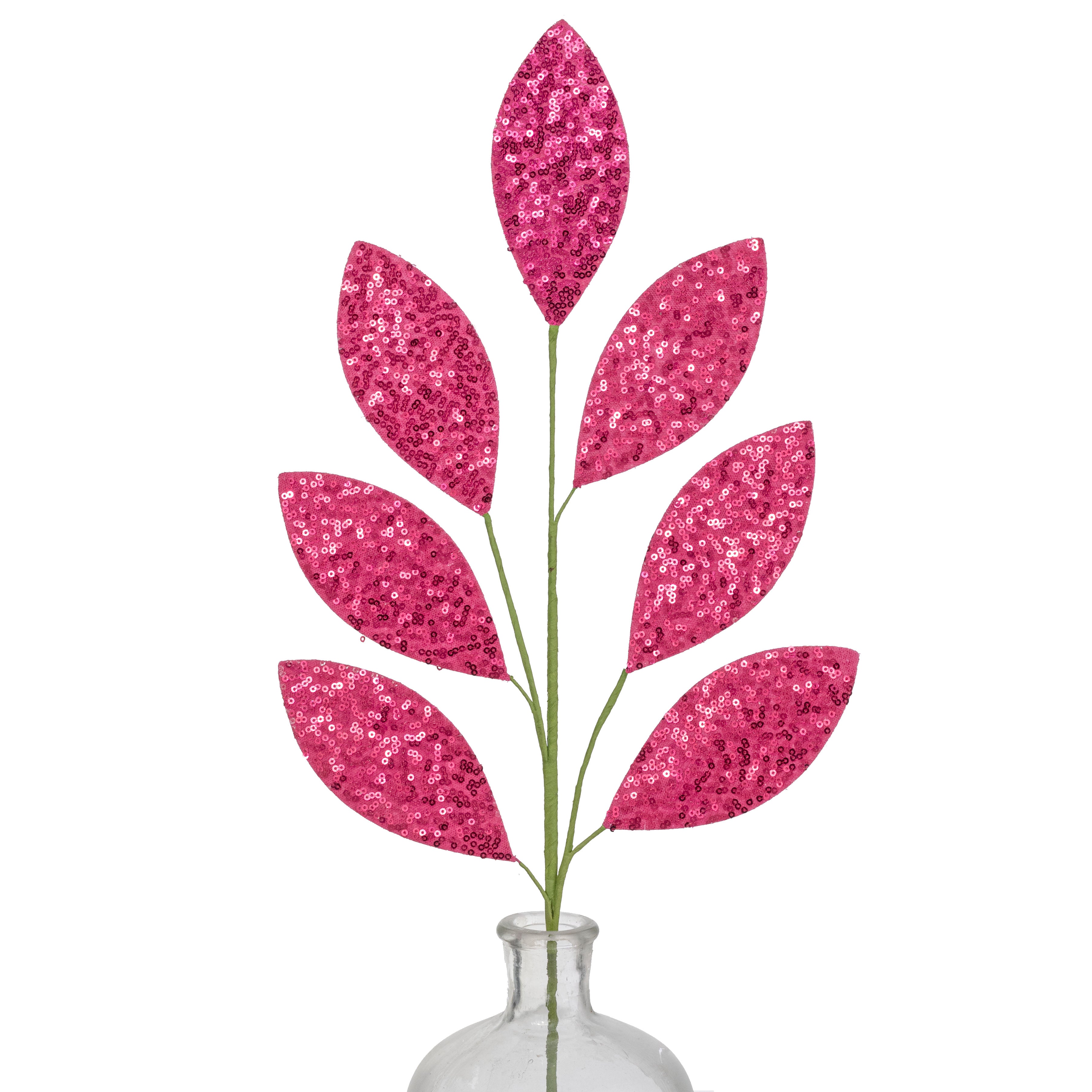 27" Sequin Leaf Spray: Hot Pink