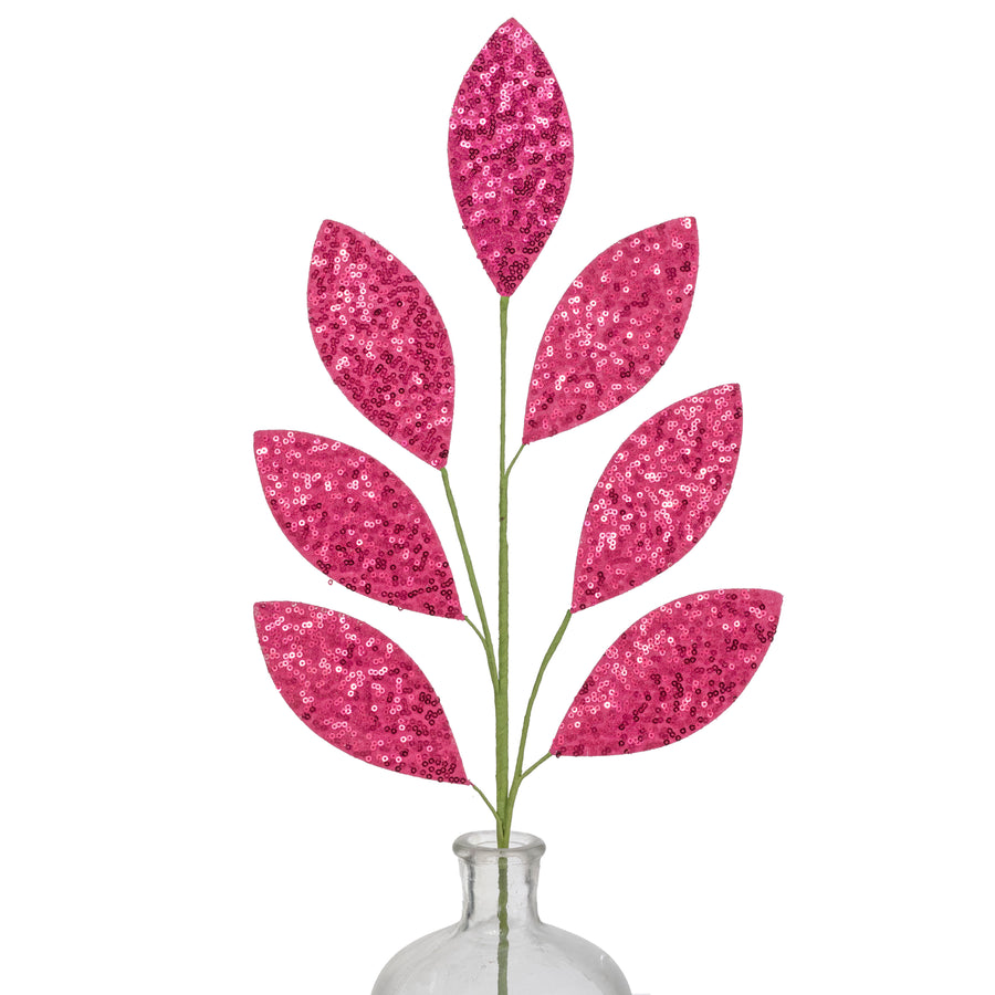 27" Sequin Leaf Spray: Hot Pink