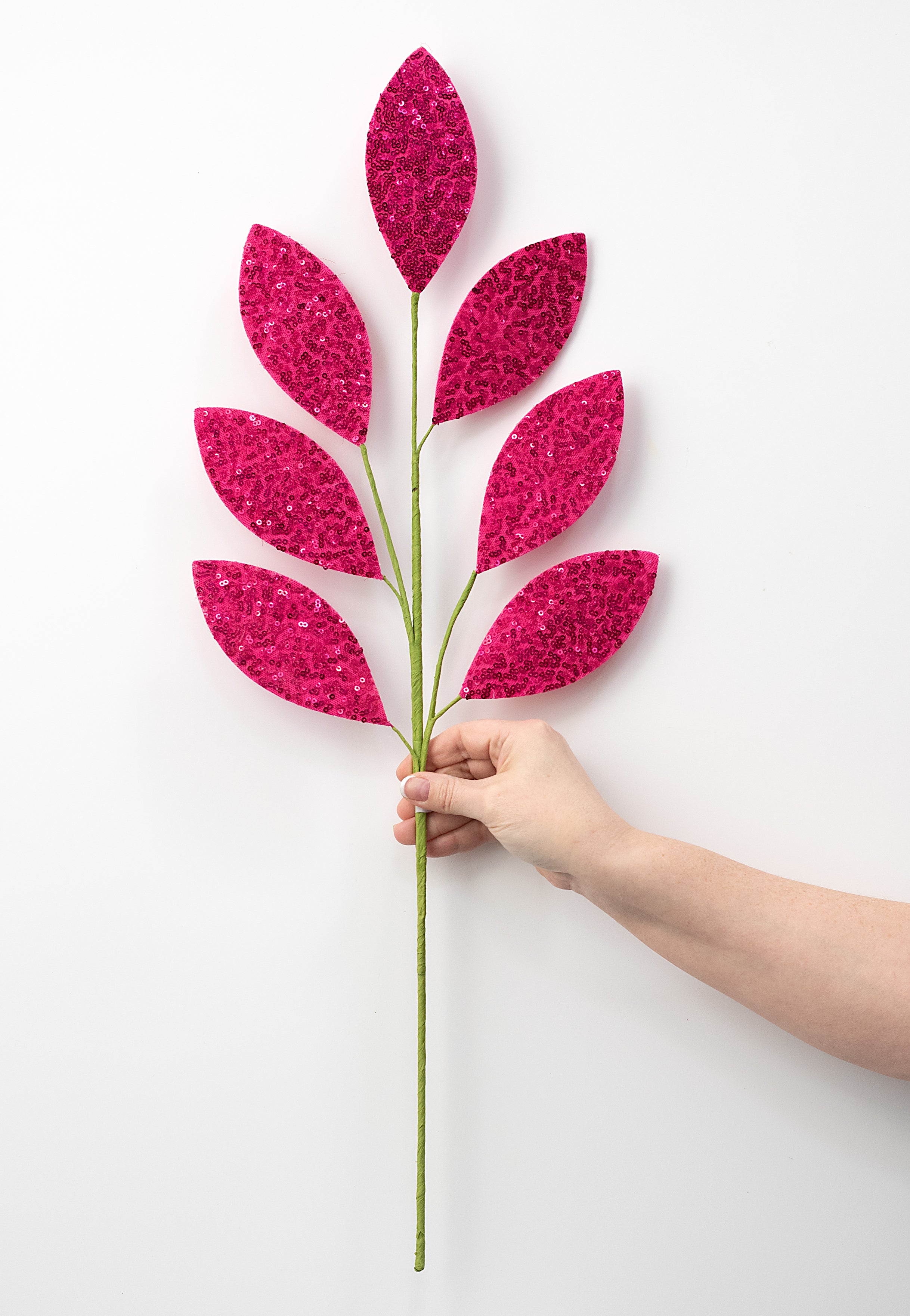 27" Sequin Leaf Spray: Hot Pink