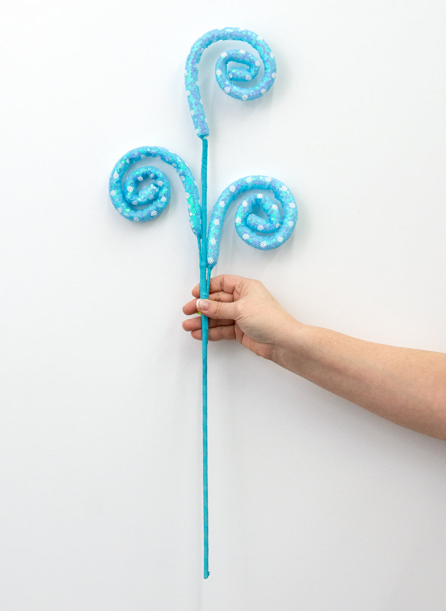 28" Sequin Polkadot Spiral Curly Spray: Iridescent Blue