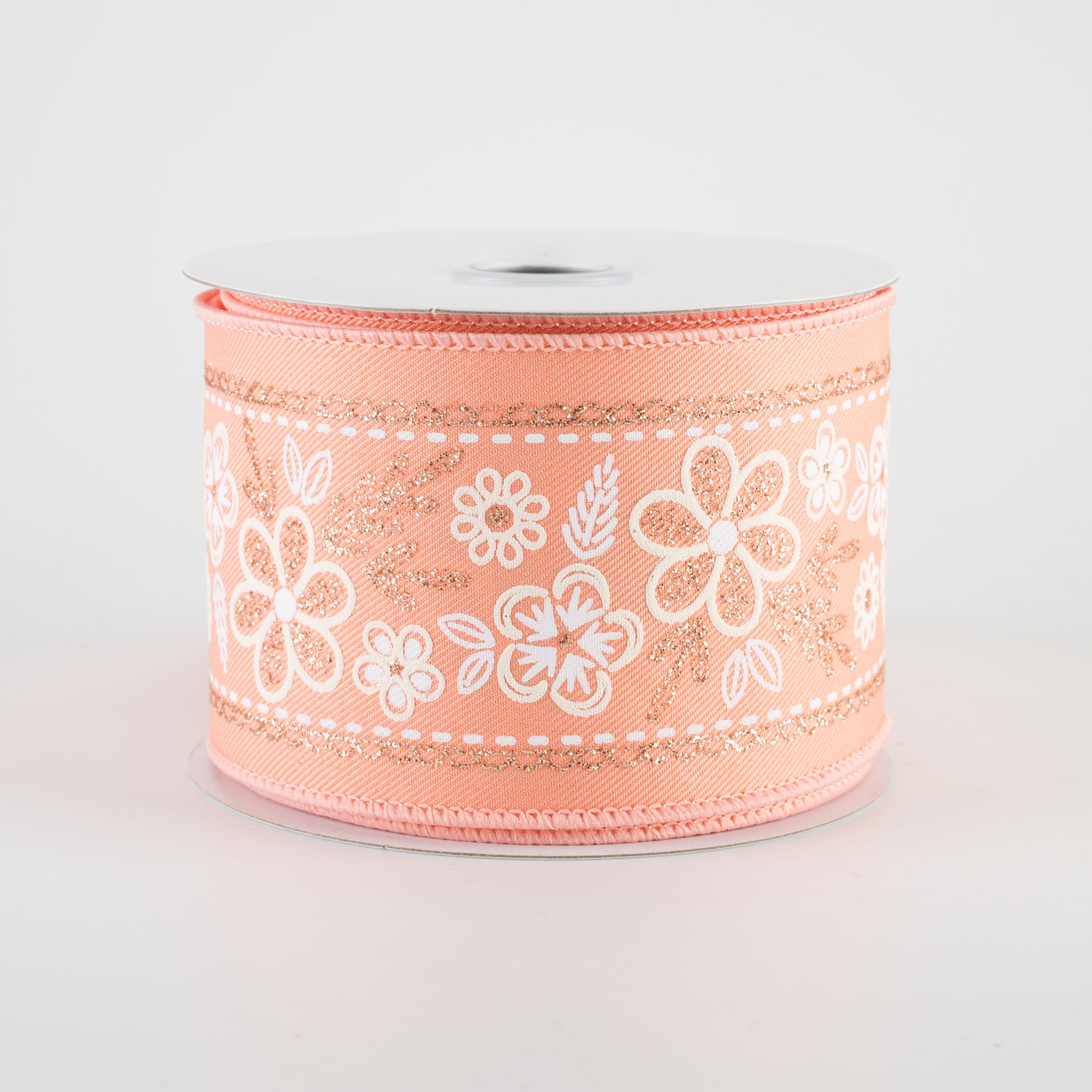2.5" Glittered Floral Trim Ribbon: Ivory, White & Champagne on Peach