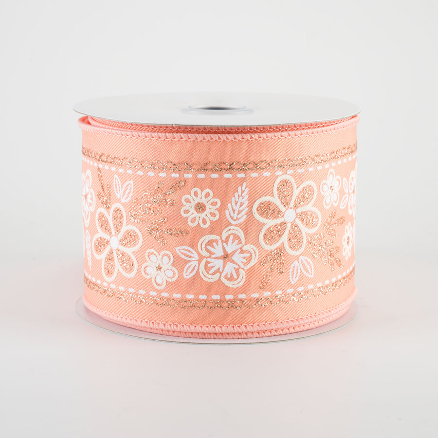 2.5" Glittered Floral Trim Ribbon: Ivory, White & Champagne on Peach