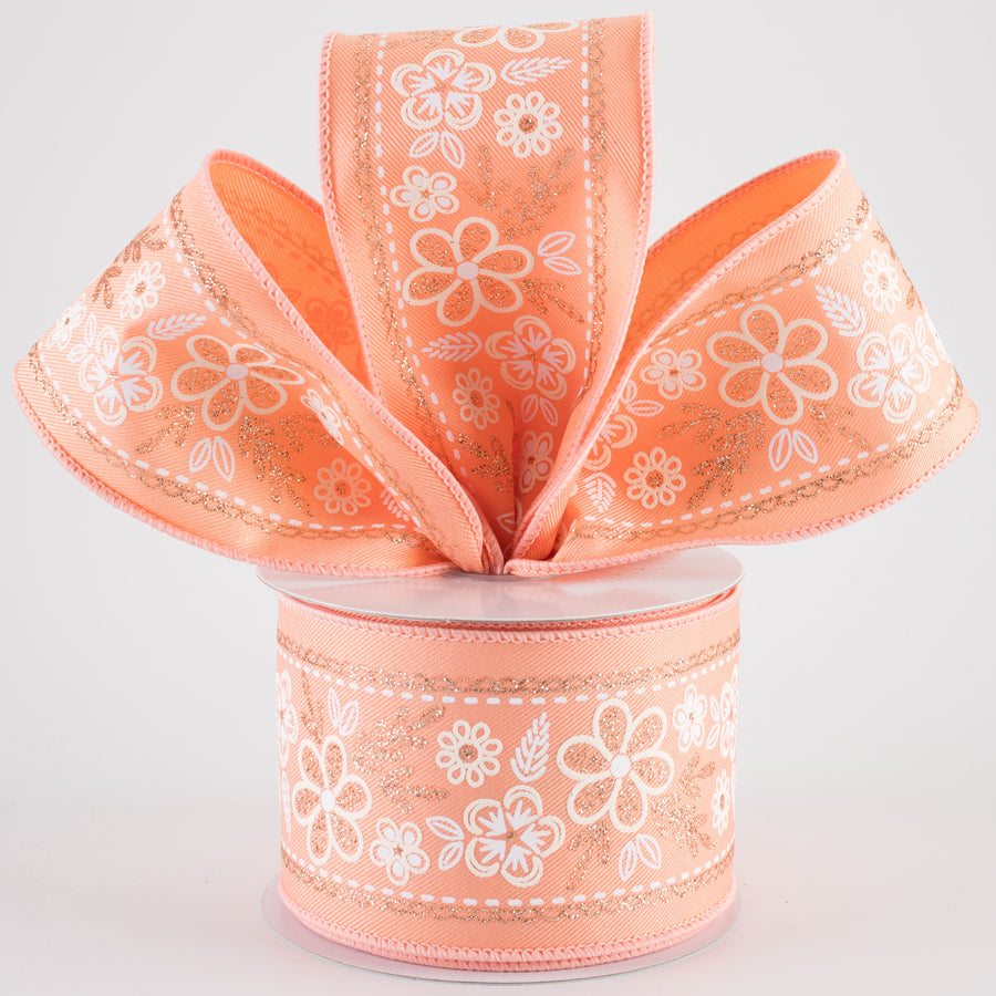 2.5" Glittered Floral Trim Ribbon: Ivory, White & Champagne on Peach