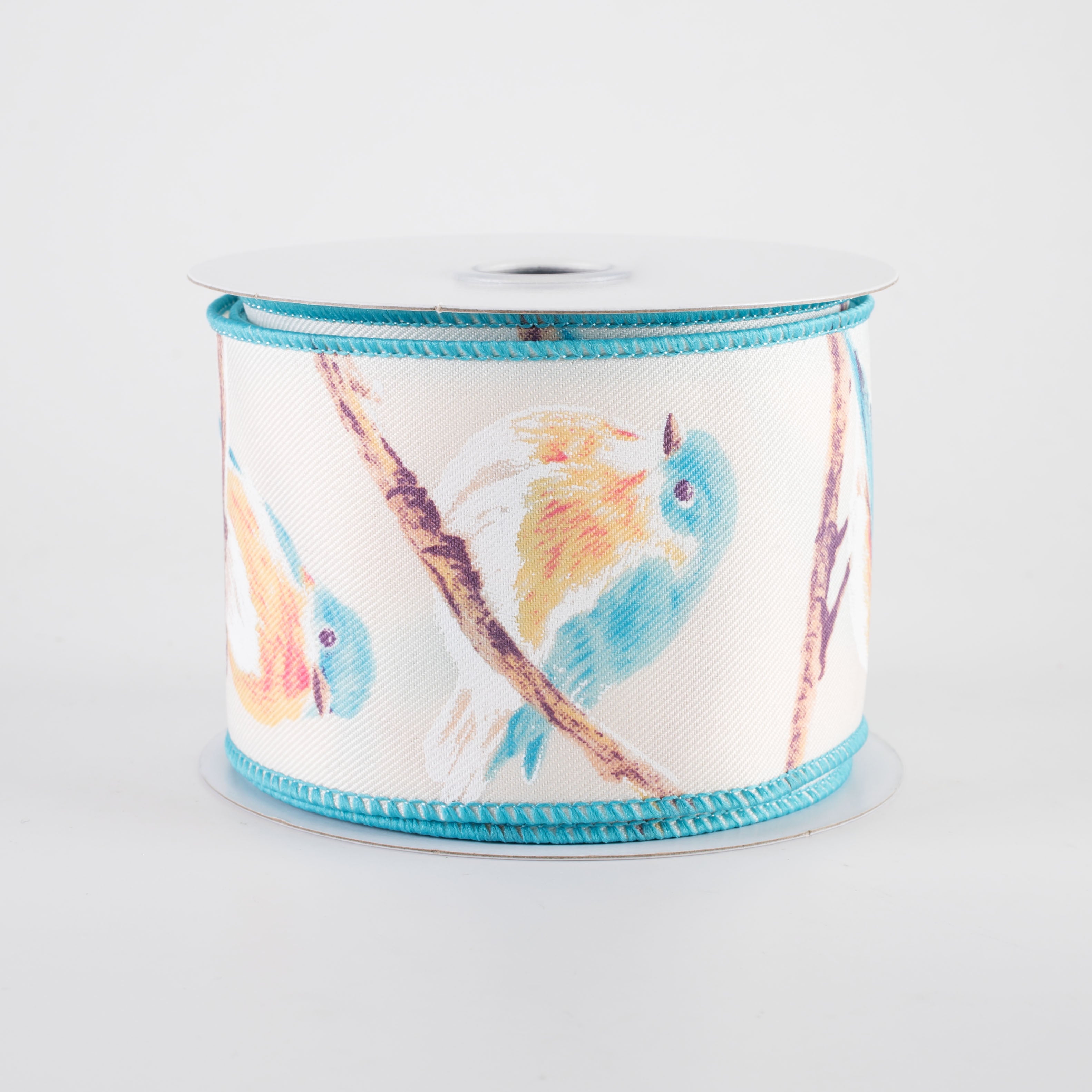 2.5" Chubby Turquoise & Orange Birds Ribbon: Ivory (10 Yards)