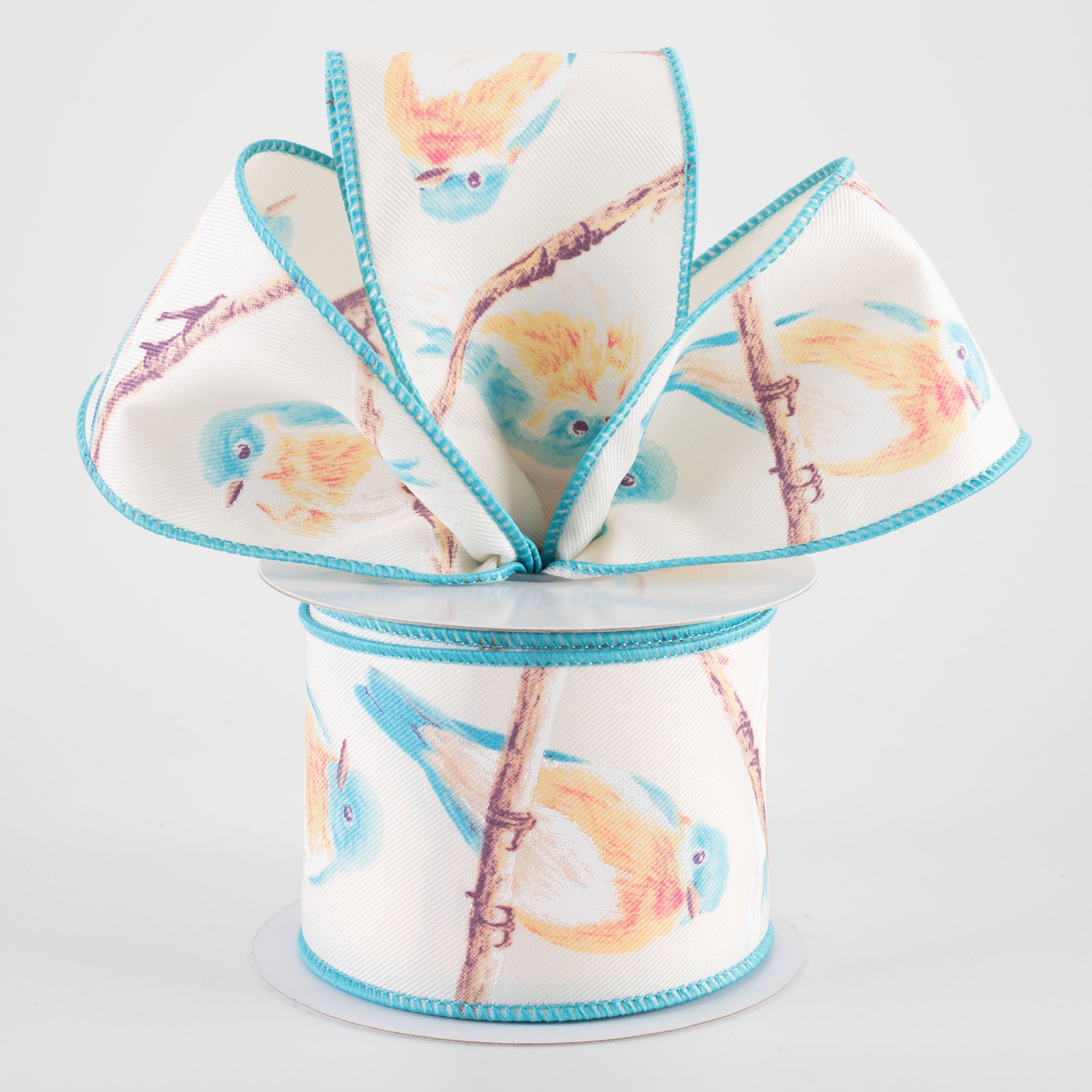 2.5" Chubby Turquoise & Orange Birds Ribbon: Ivory (10 Yards)