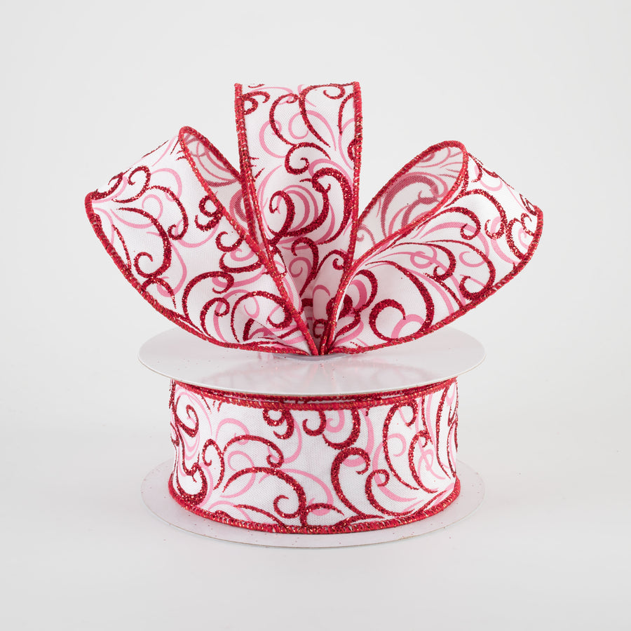 1.5" Glittered Multi Swirls Ribbon: Red & Pink on White (10 Yards)
