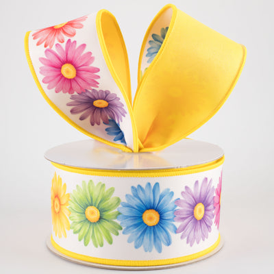 2.5" Double Sided Fused Multicolor Daisies Ribbon (10 Yards)