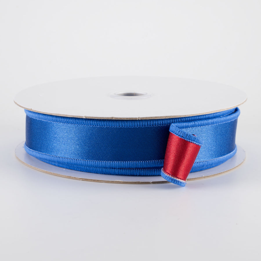 7/8" Double Sided Fused Satin Ribbon: Royal Blue & Red (10 Yards)