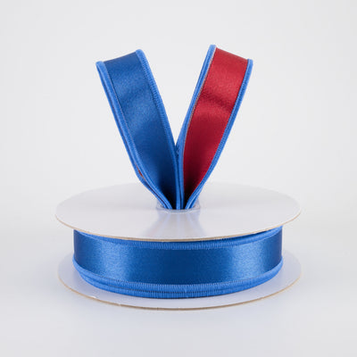 7/8" Double Sided Fused Satin Ribbon: Royal Blue & Red (10 Yards)