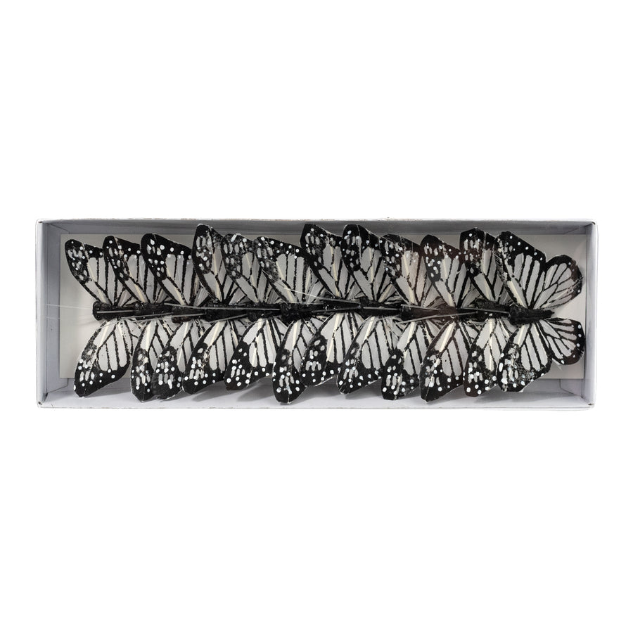 3" Feather Butterfly Picks: Black & White Monarchs (Box of 12)