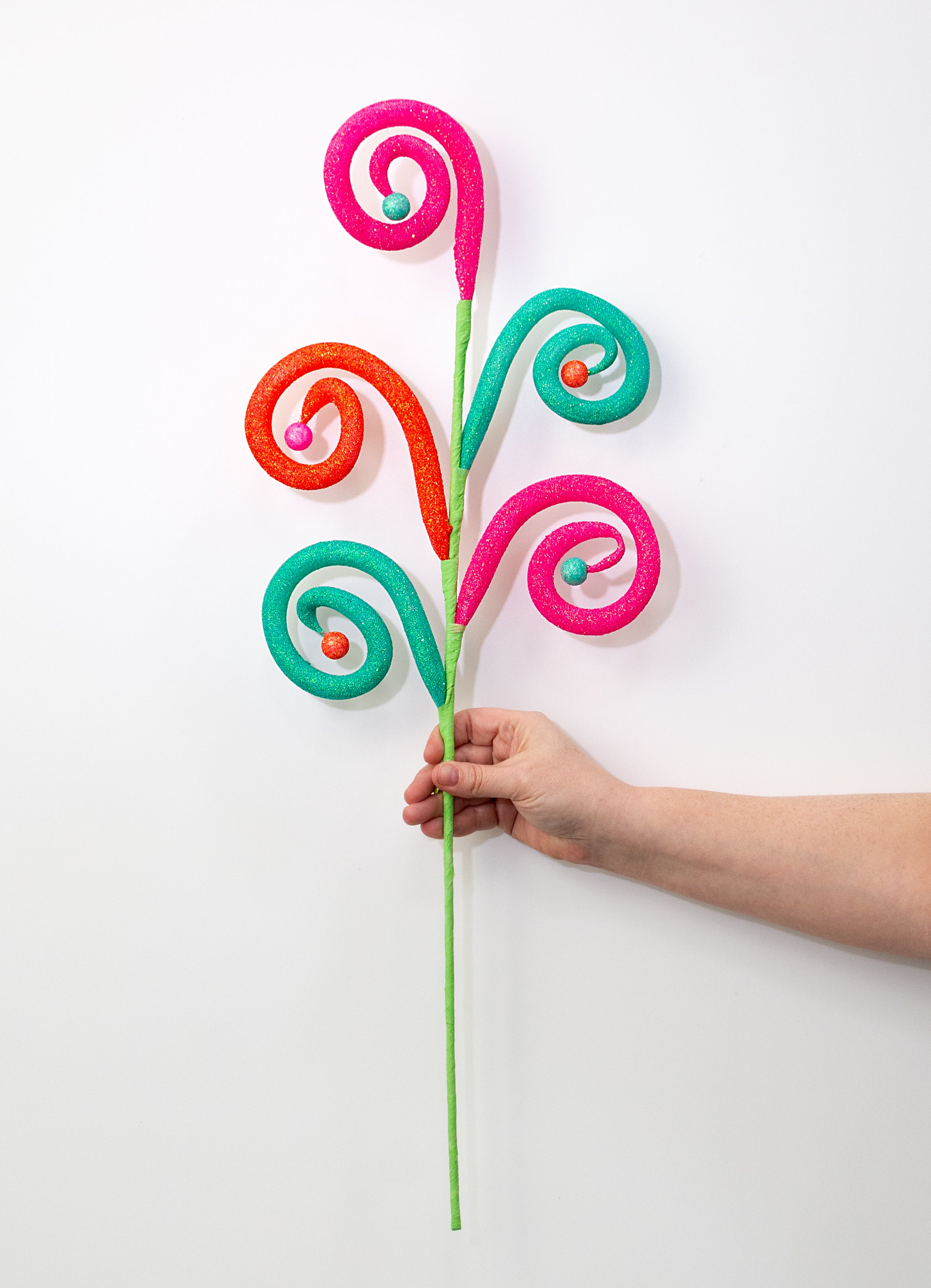 28" Glitter Spiral Curly Spray: Iridescent Pink, Orange & Aqua