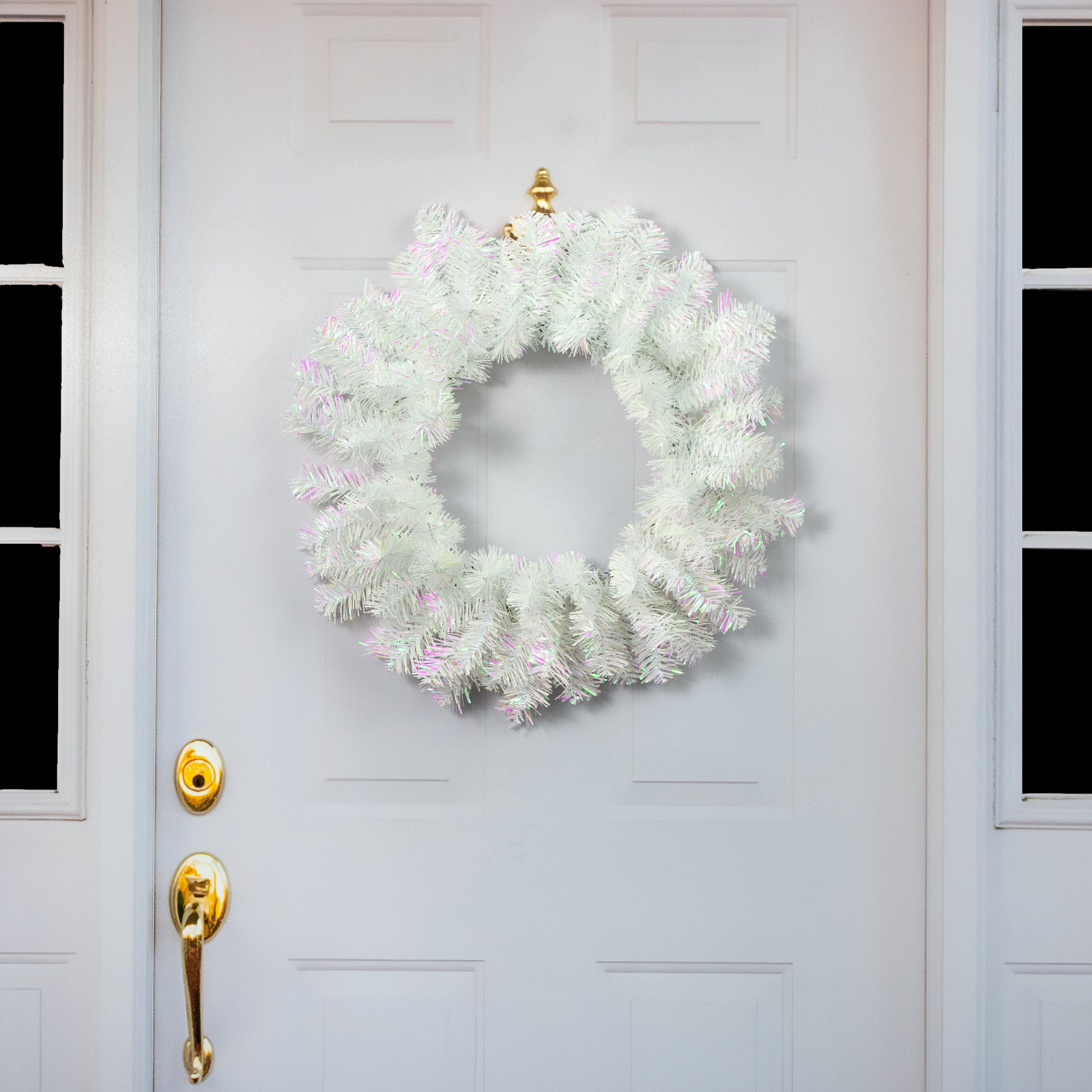 24" Pine Tinsel Wreath: Iridescent White