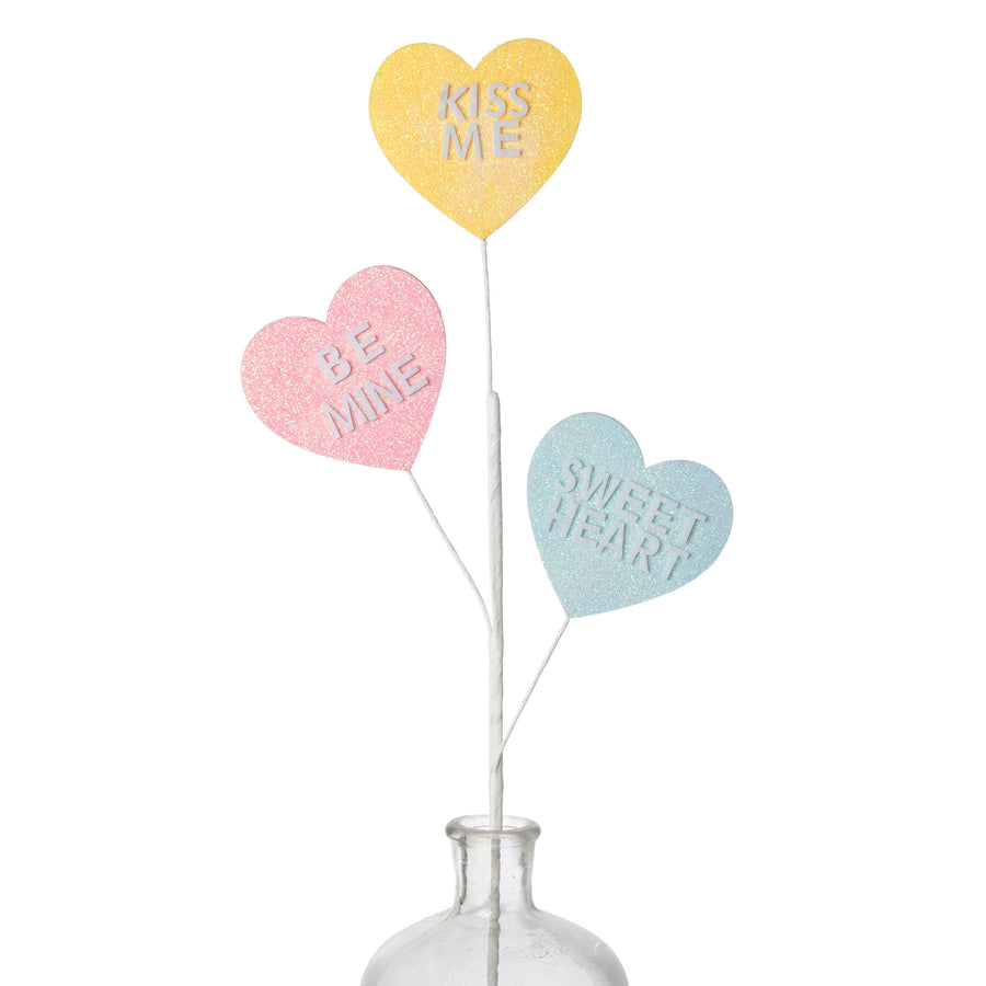 27" Glitter Candy Hearts Spray: Pink, Blue, Yellow