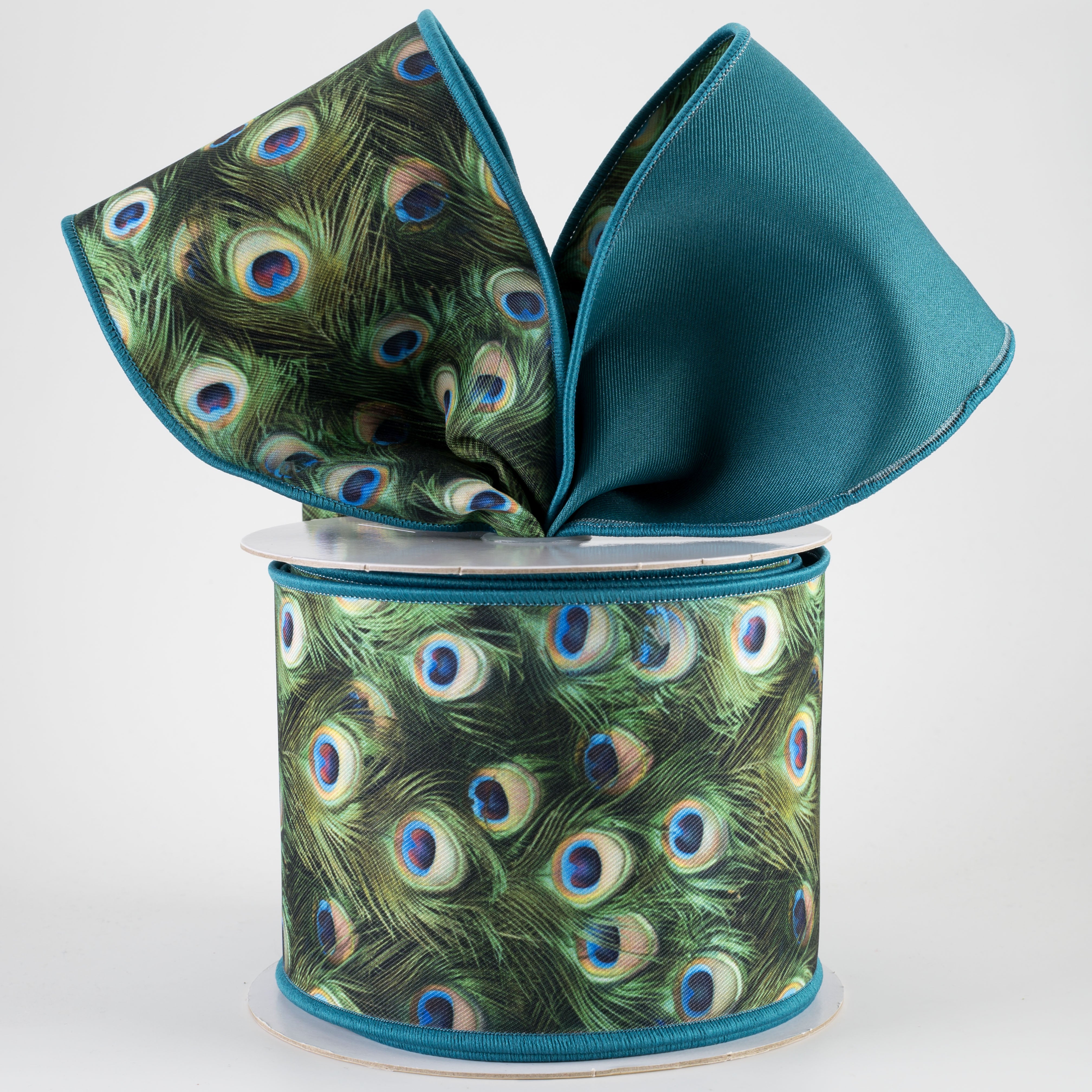 4" Double Sided Fused Peacock Feathers Ribbon (10 Yards)