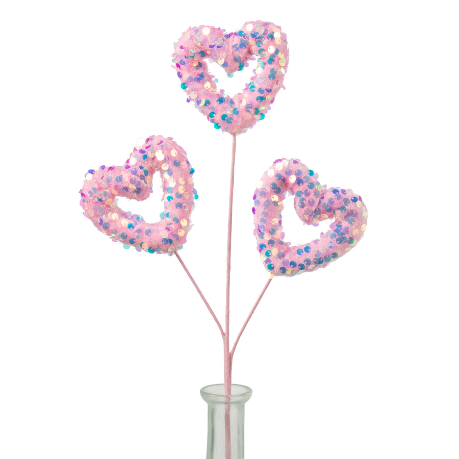 15" Sequined Open Hearts Spray: Iridescent Pink