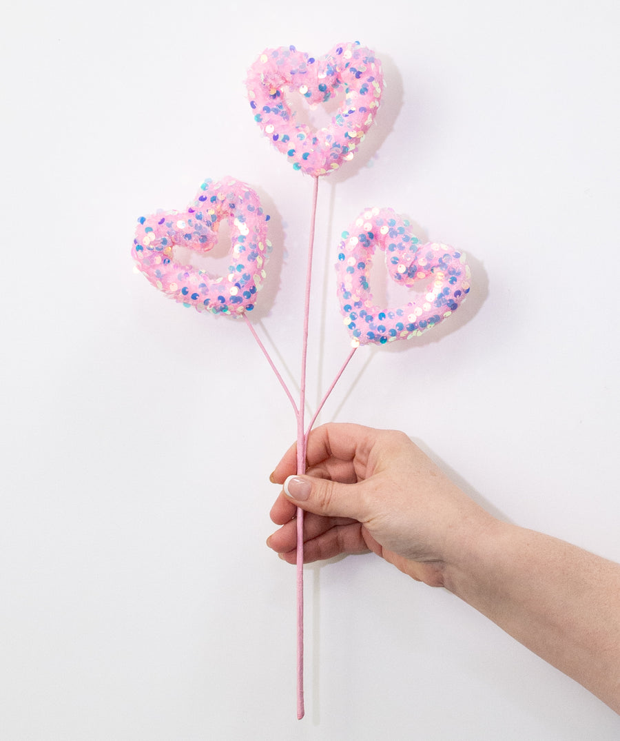 15" Sequined Open Hearts Spray: Iridescent Pink