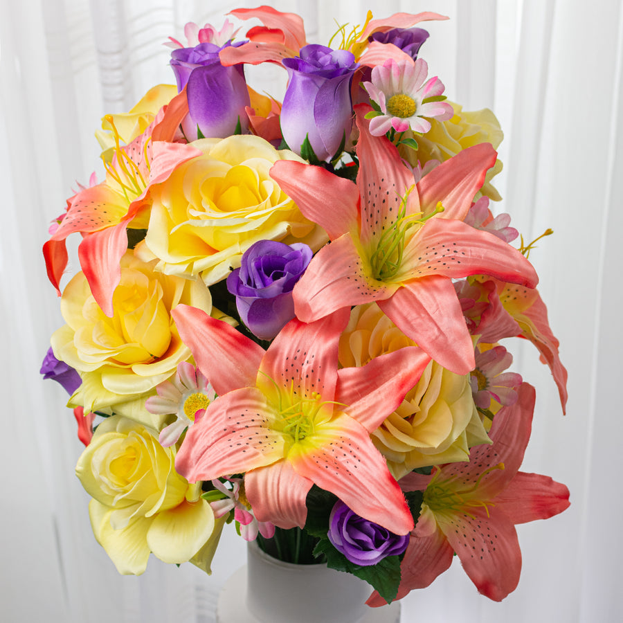 28" Lily, Rose & Daisy Mixed Bush: Pink, Yellow & Purple (36 Stem)