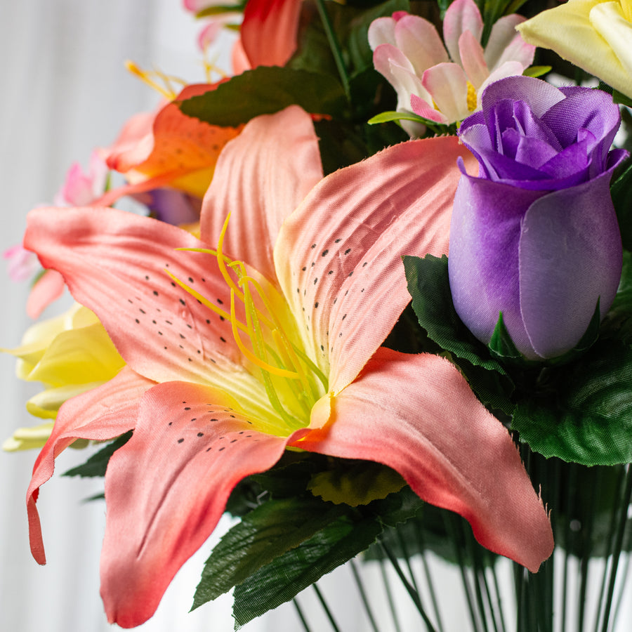 28" Lily, Rose & Daisy Mixed Bush: Pink, Yellow & Purple (36 Stem)