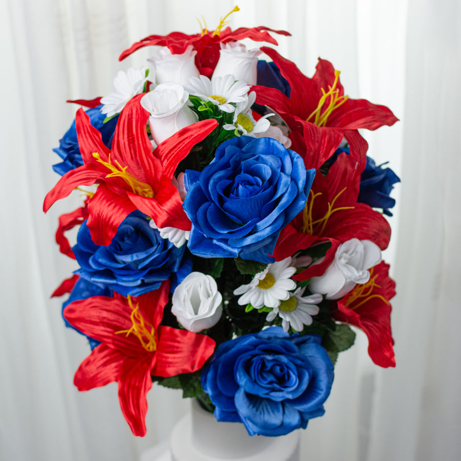 28" Lily, Rose & Daisy Mixed Bush: Red, White & Blue (36 Stem)