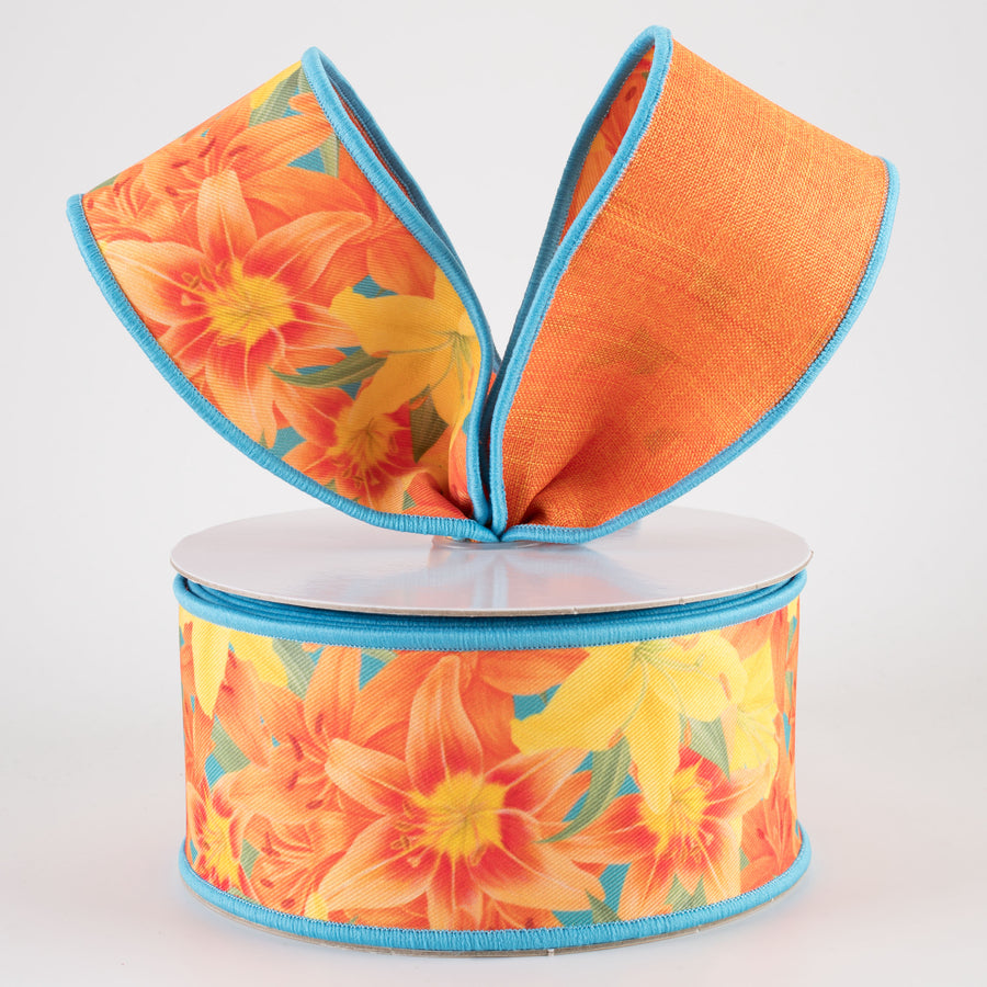 2.5" Double Sided Fused Orange Lilies Ribbon (10 Yards)