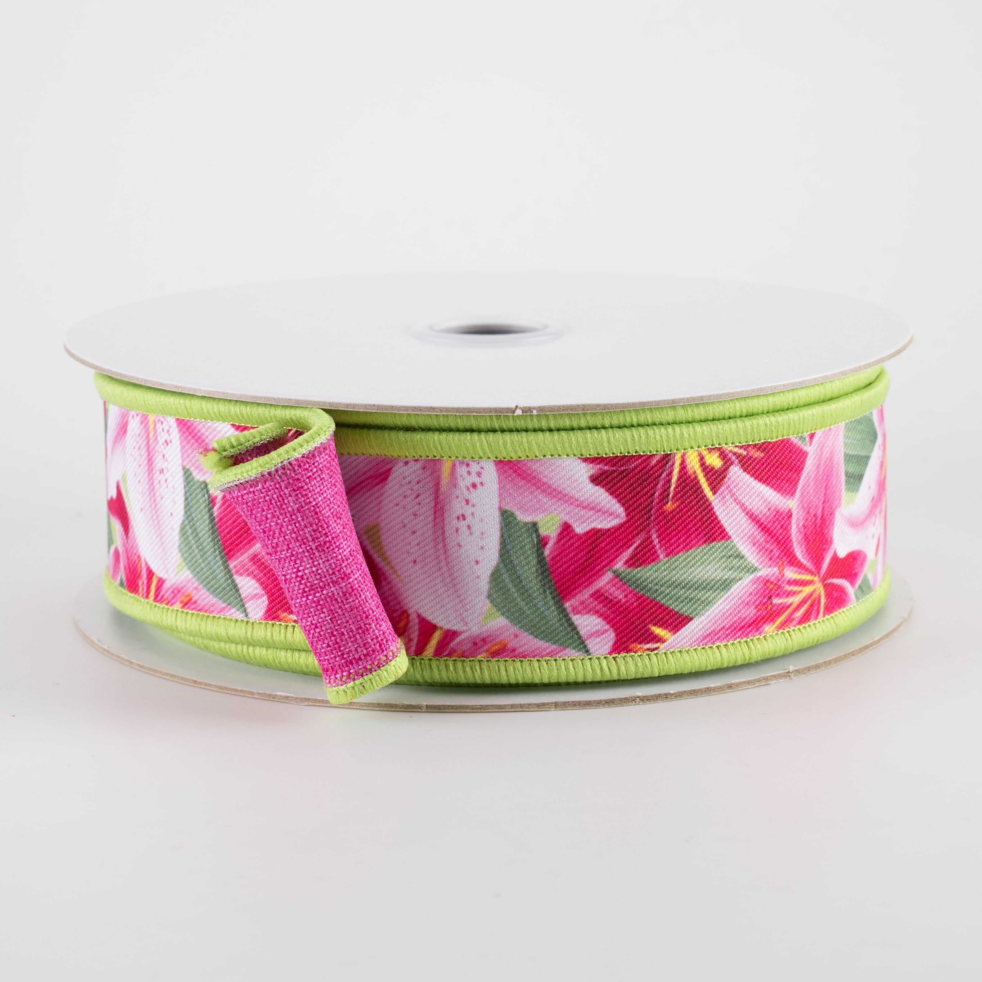 1.5" Double Sided Fused Pink Lilies Ribbon (10 Yards)