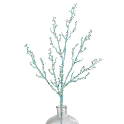 33" Pearls & Iridescent Glitter Twig Spray: Light Blue