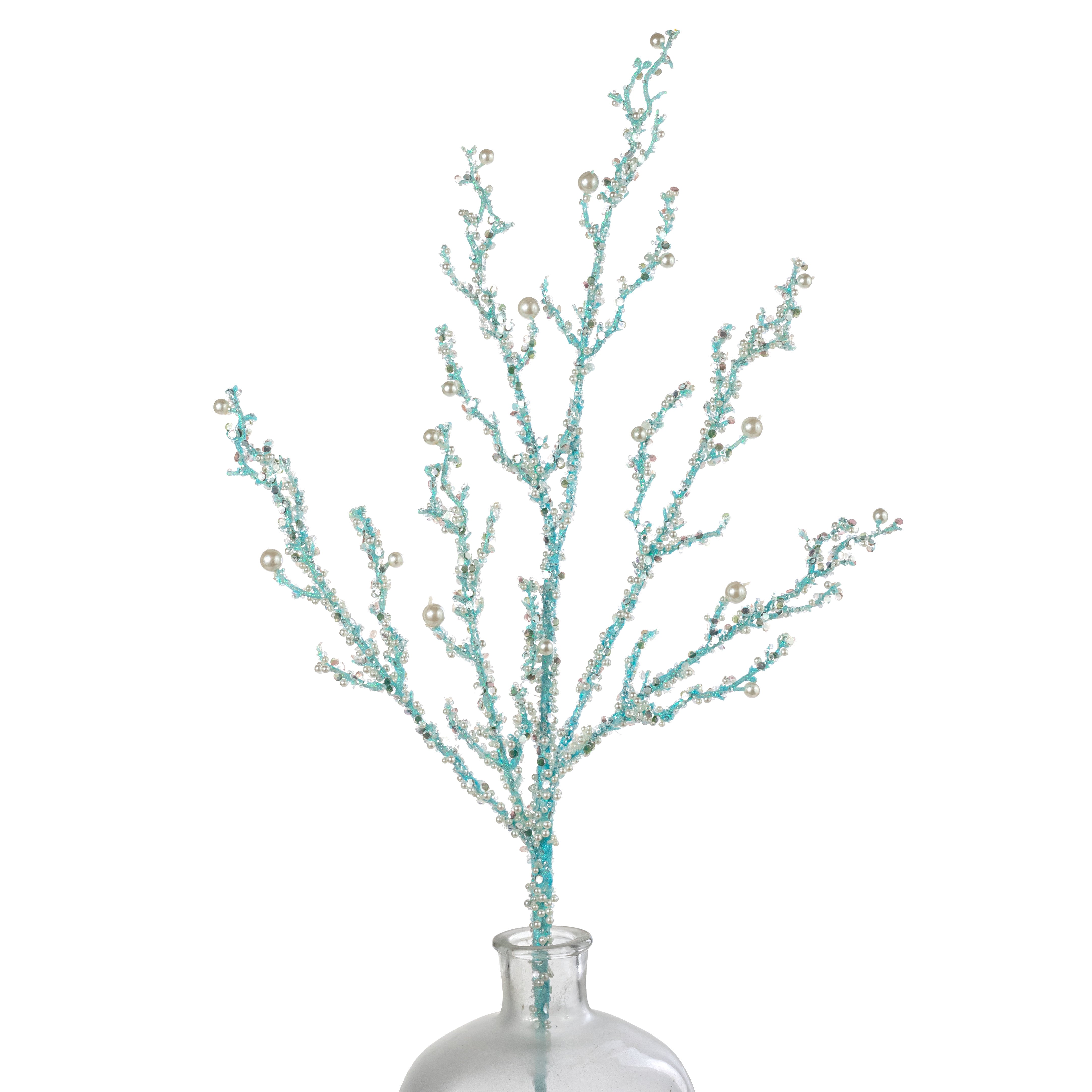 33" Pearls & Iridescent Glitter Twig Spray: Light Blue