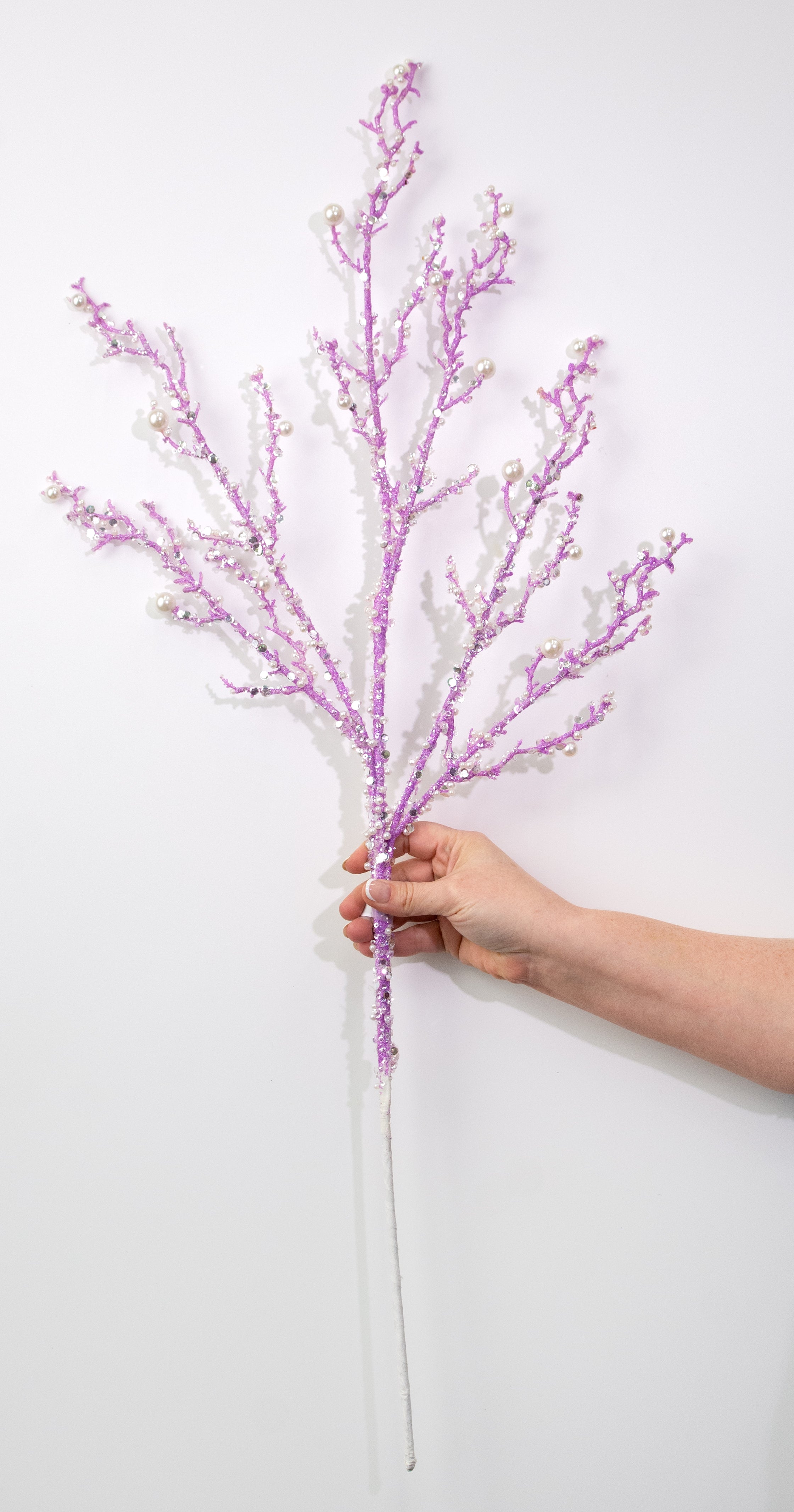 33" Pearls & Iridescent Glitter Twig Spray: Lavender Purple
