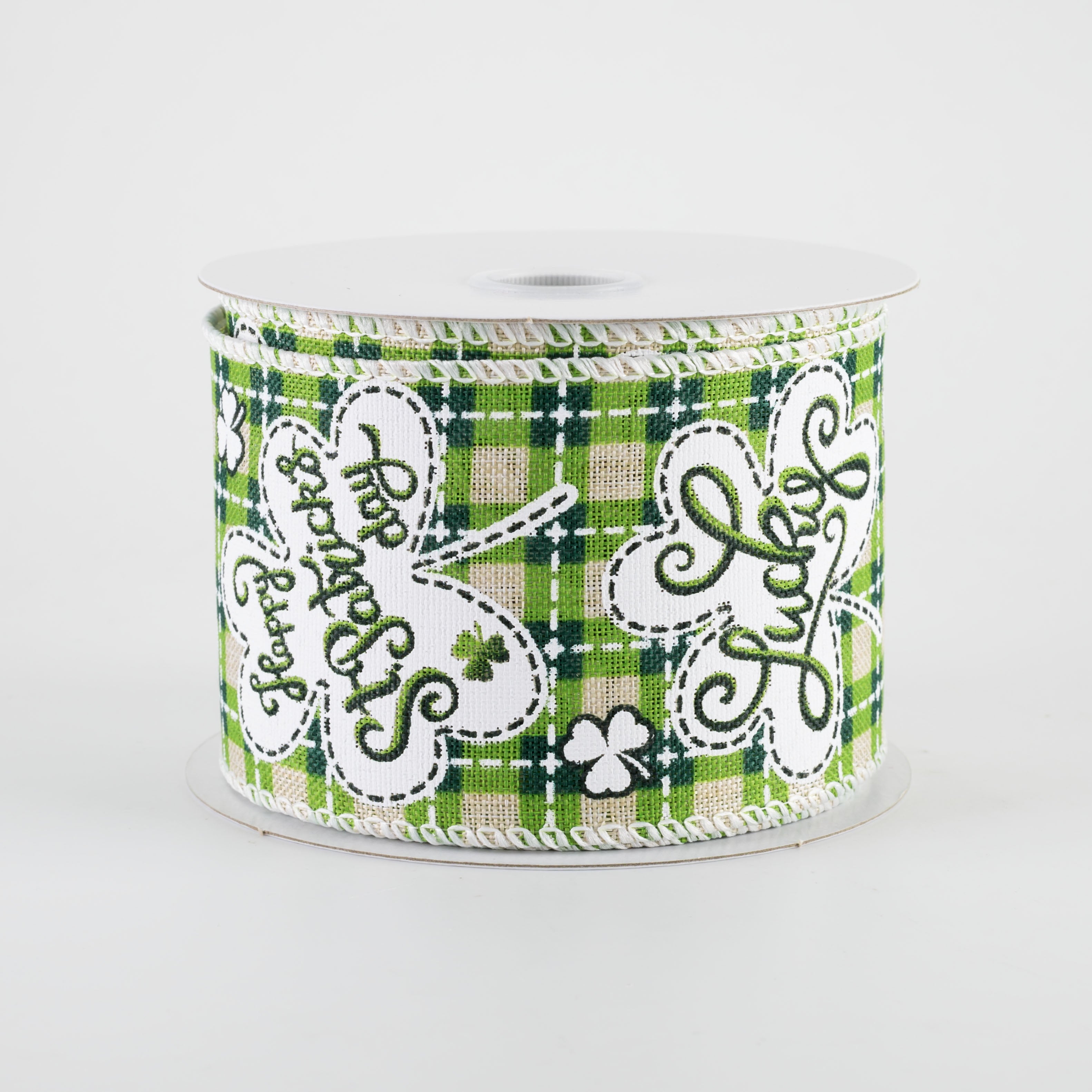 2.5" Lucky Shamrocks St Patrick's Day Plaid Ribbon: Natural (10 Yards)