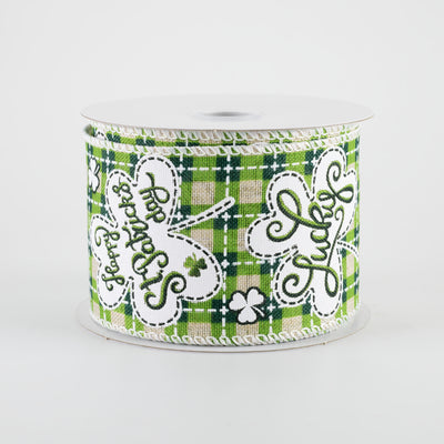 2.5" Lucky Shamrocks St Patrick's Day Plaid Ribbon: Natural (10 Yards)