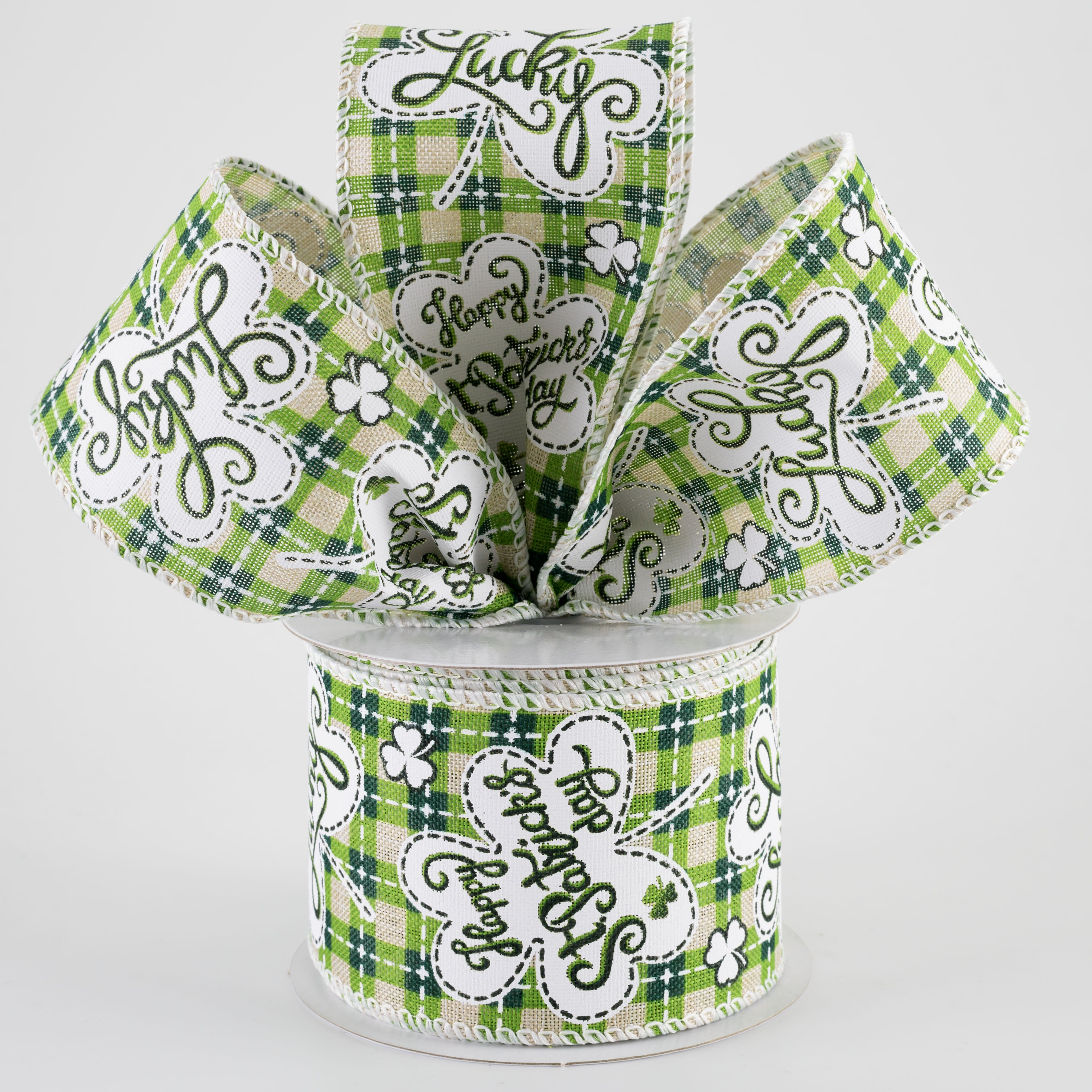 2.5" Lucky Shamrocks St Patrick's Day Plaid Ribbon: Natural (10 Yards)