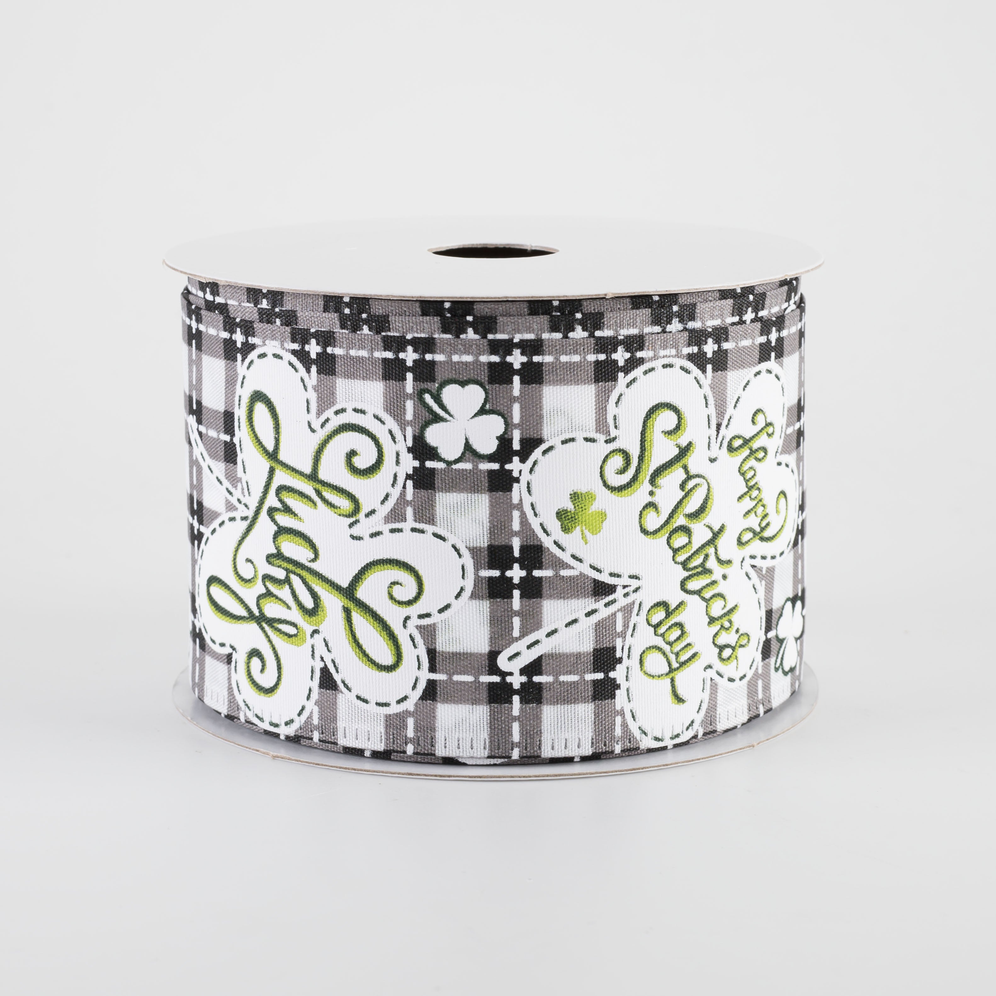 2.5" Lucky Shamrocks St Patrick's Day Plaid Ribbon: Black (10 Yards)