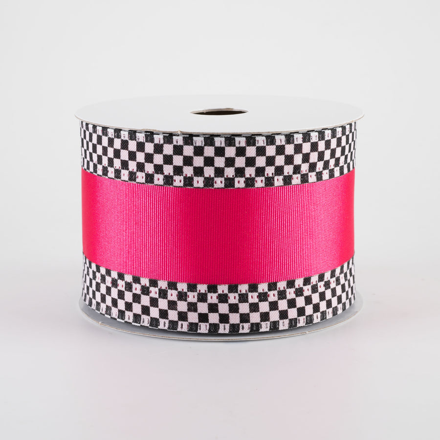 2.5" Ribbed Satin Check Edge Ribbon: Fuchsia Hot Pink (10 Yards)