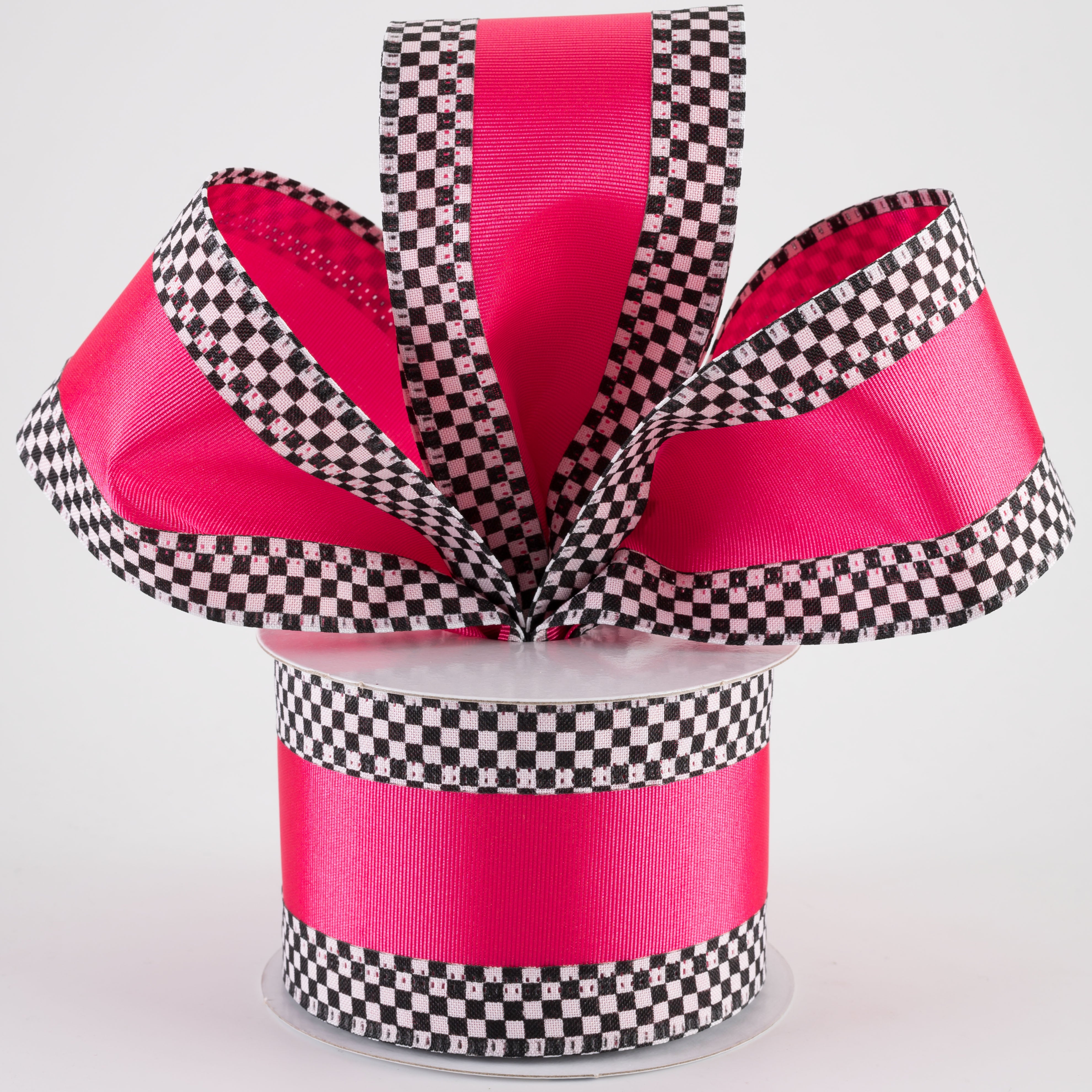 2.5" Ribbed Satin Check Edge Ribbon: Fuchsia Hot Pink (10 Yards)