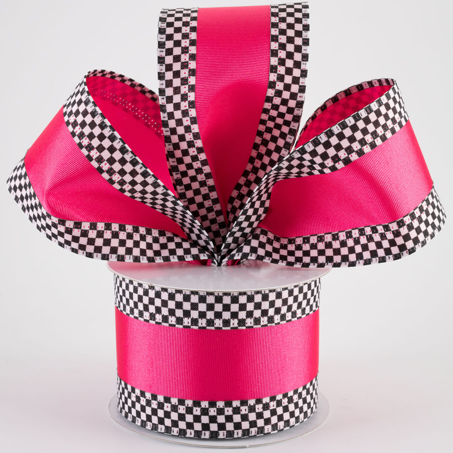 2.5" Ribbed Satin Check Edge Ribbon: Fuchsia Hot Pink (10 Yards)