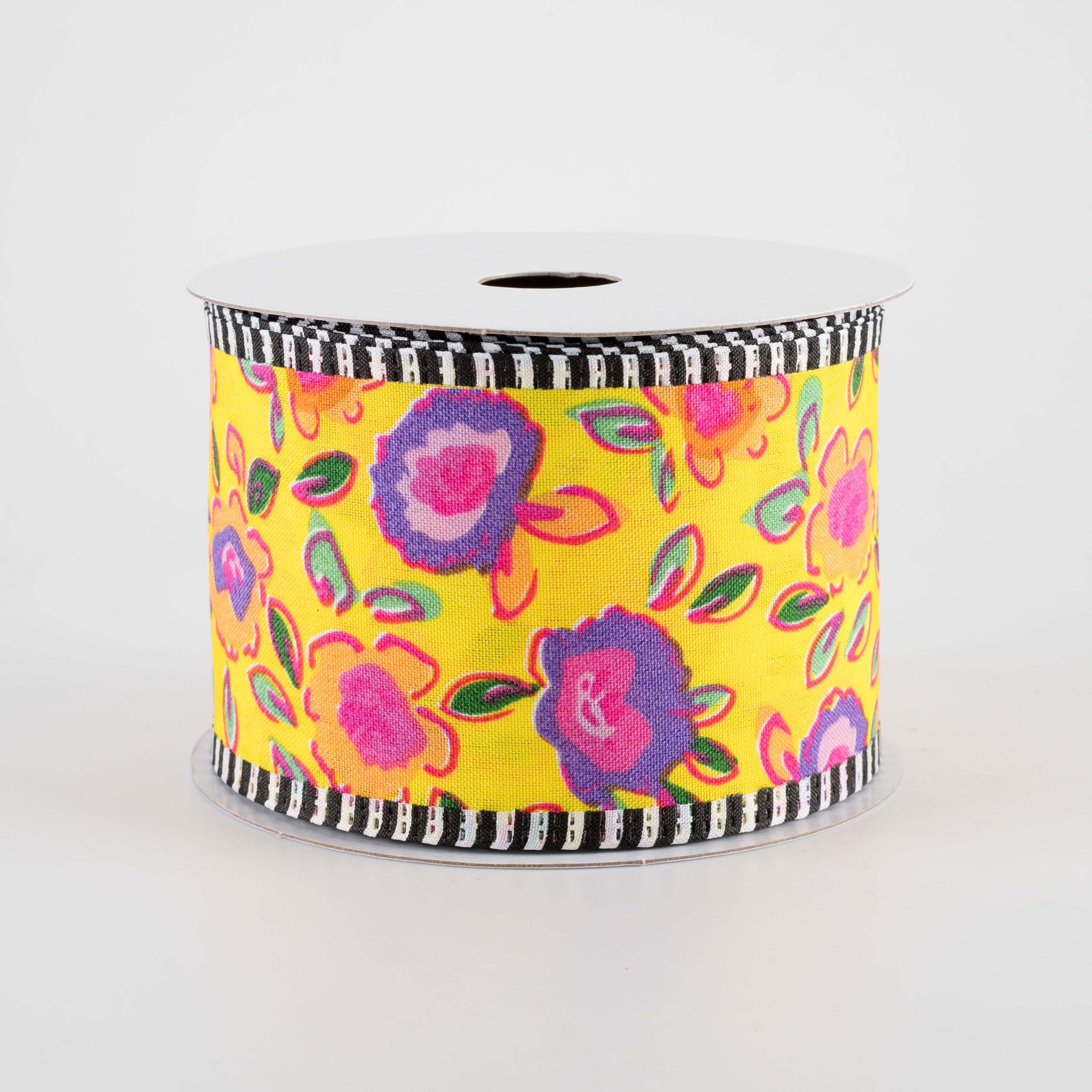 2.5" Funky Flowers Striped Edge Ribbon: Neon on Yellow (10 Yards)
