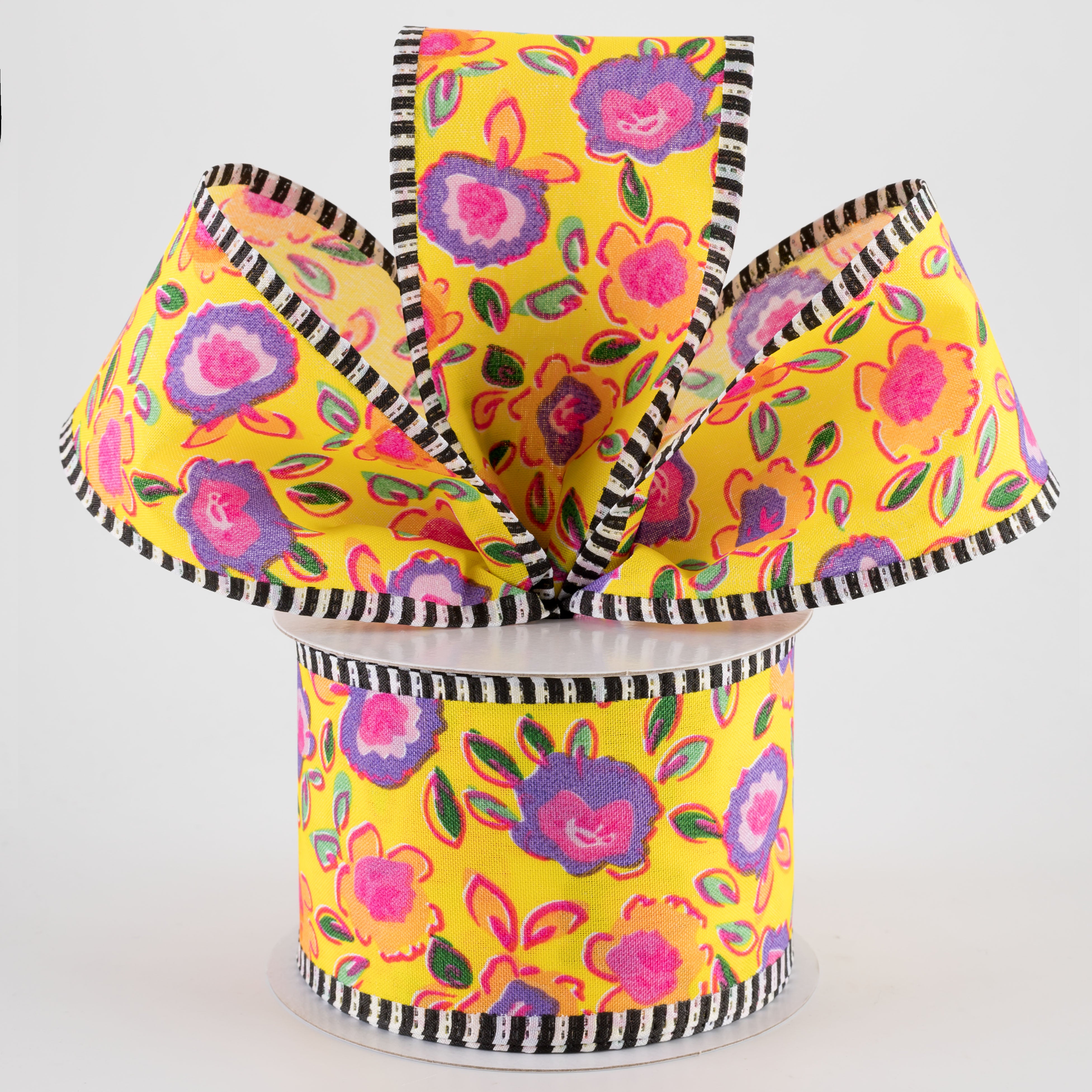 2.5" Funky Flowers Striped Edge Ribbon: Neon on Yellow (10 Yards)