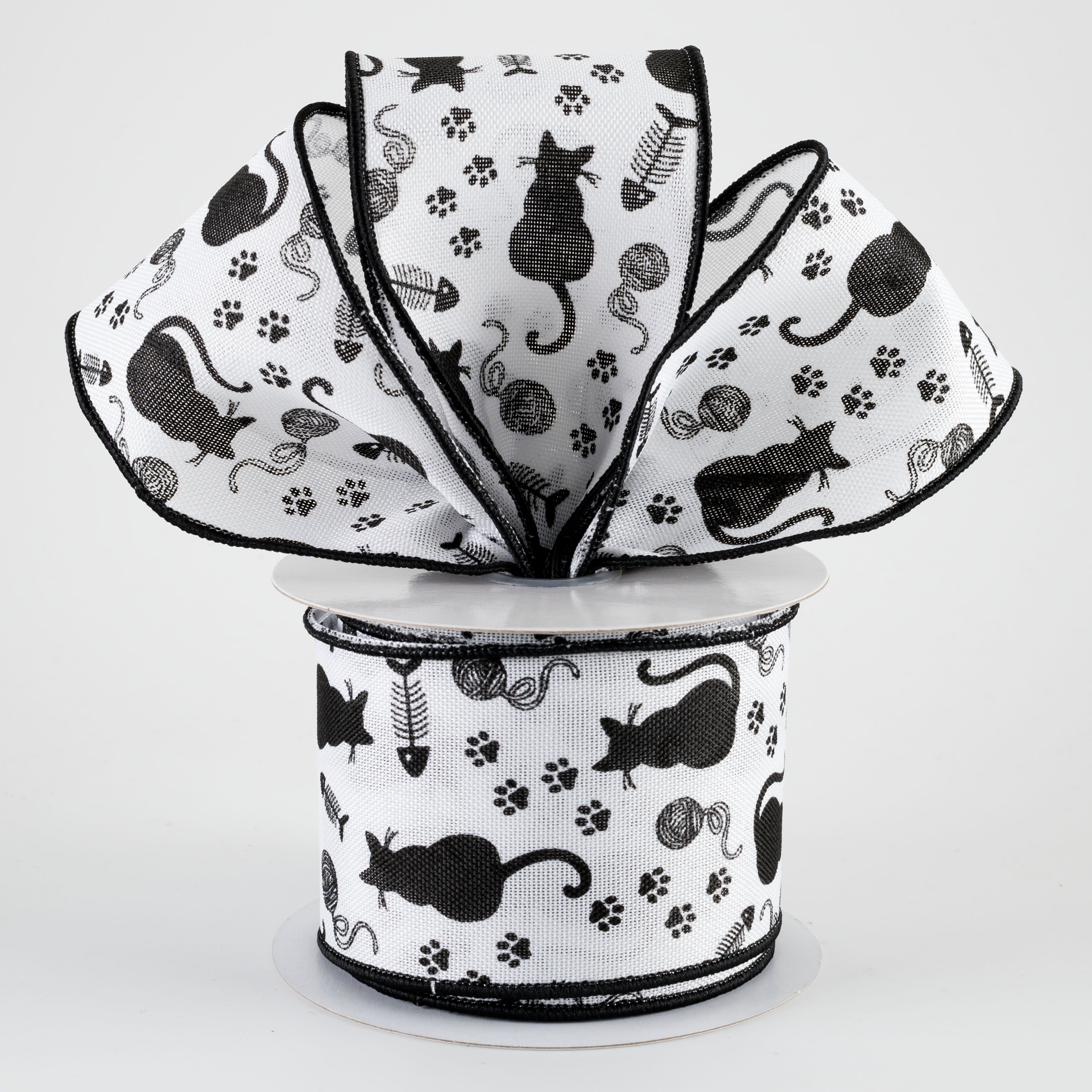 2.5" Cat Silhouettes Ribbon: White (10 Yards)