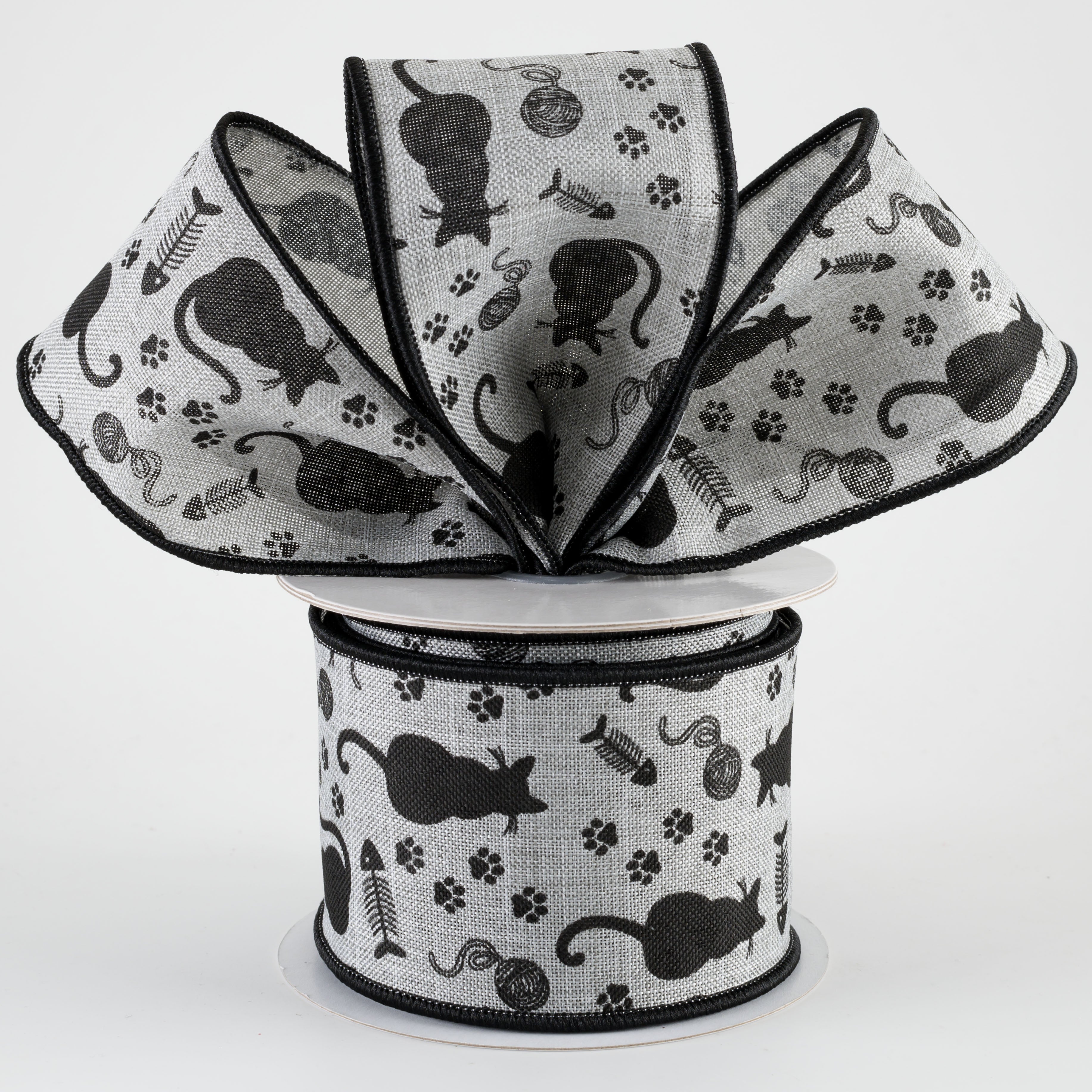 2.5" Cat Silhouettes Ribbon: Grey (10 Yards)