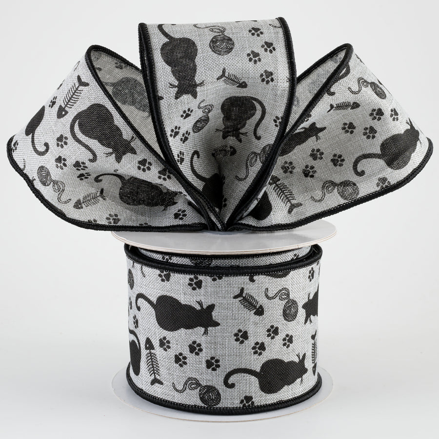 2.5" Cat Silhouettes Ribbon: Grey (10 Yards)