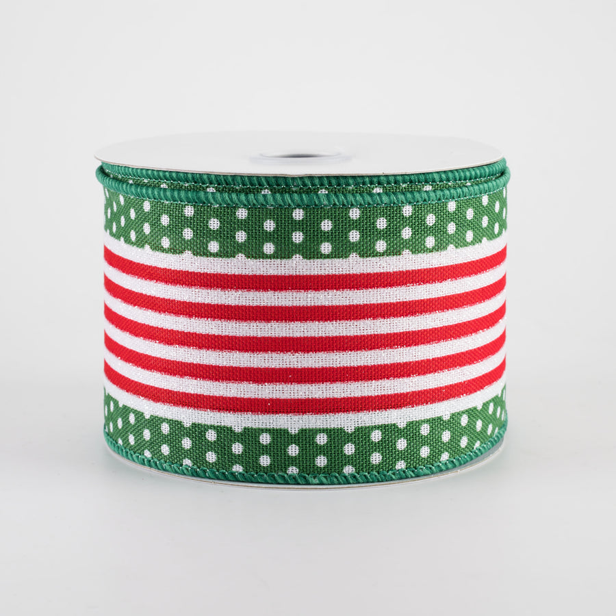 2.5" Vertical Stripe Dot Edge Ribbon: Emerald Green, White & Red (10 Yards)