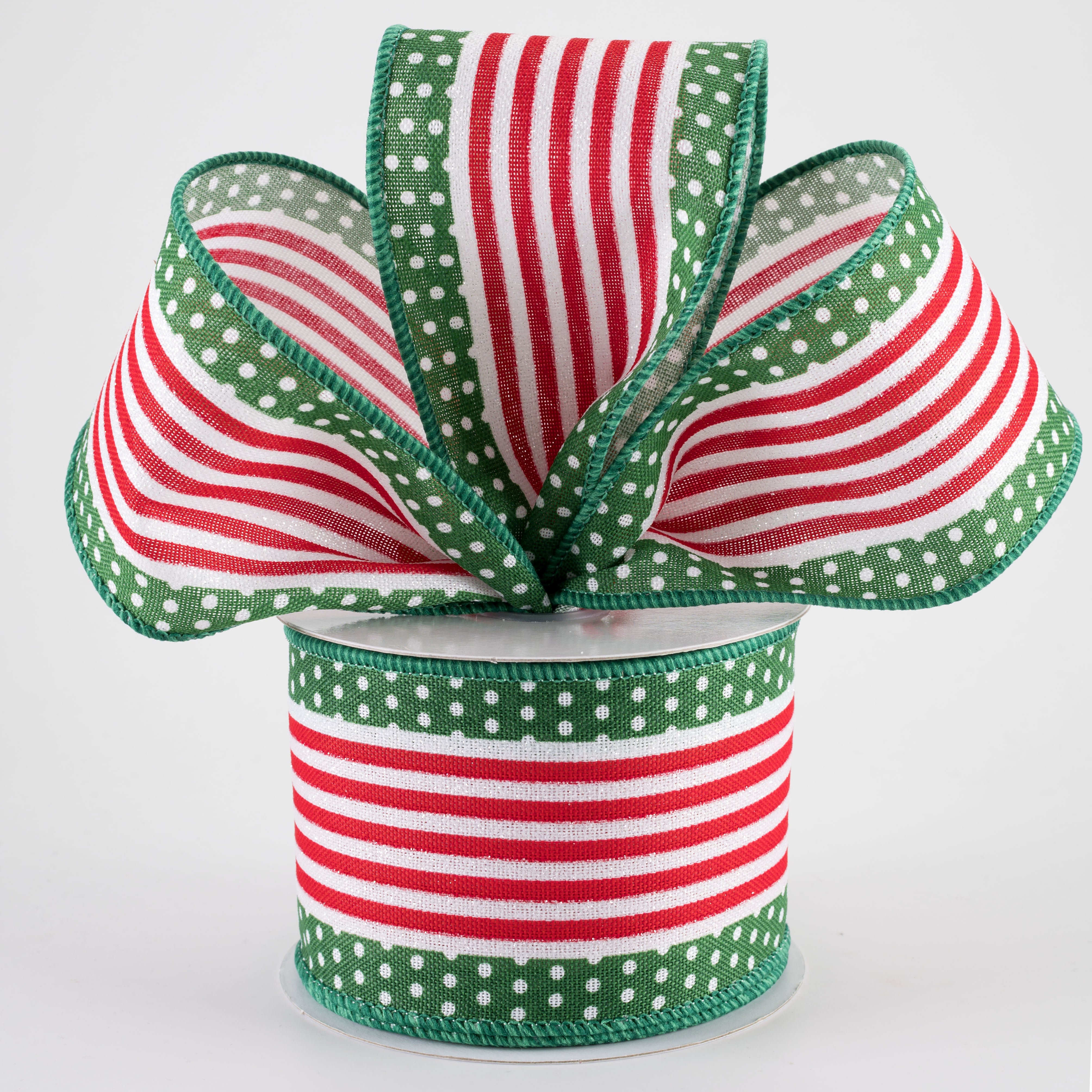 2.5" Vertical Stripe Dot Edge Ribbon: Emerald Green, White & Red (10 Yards)