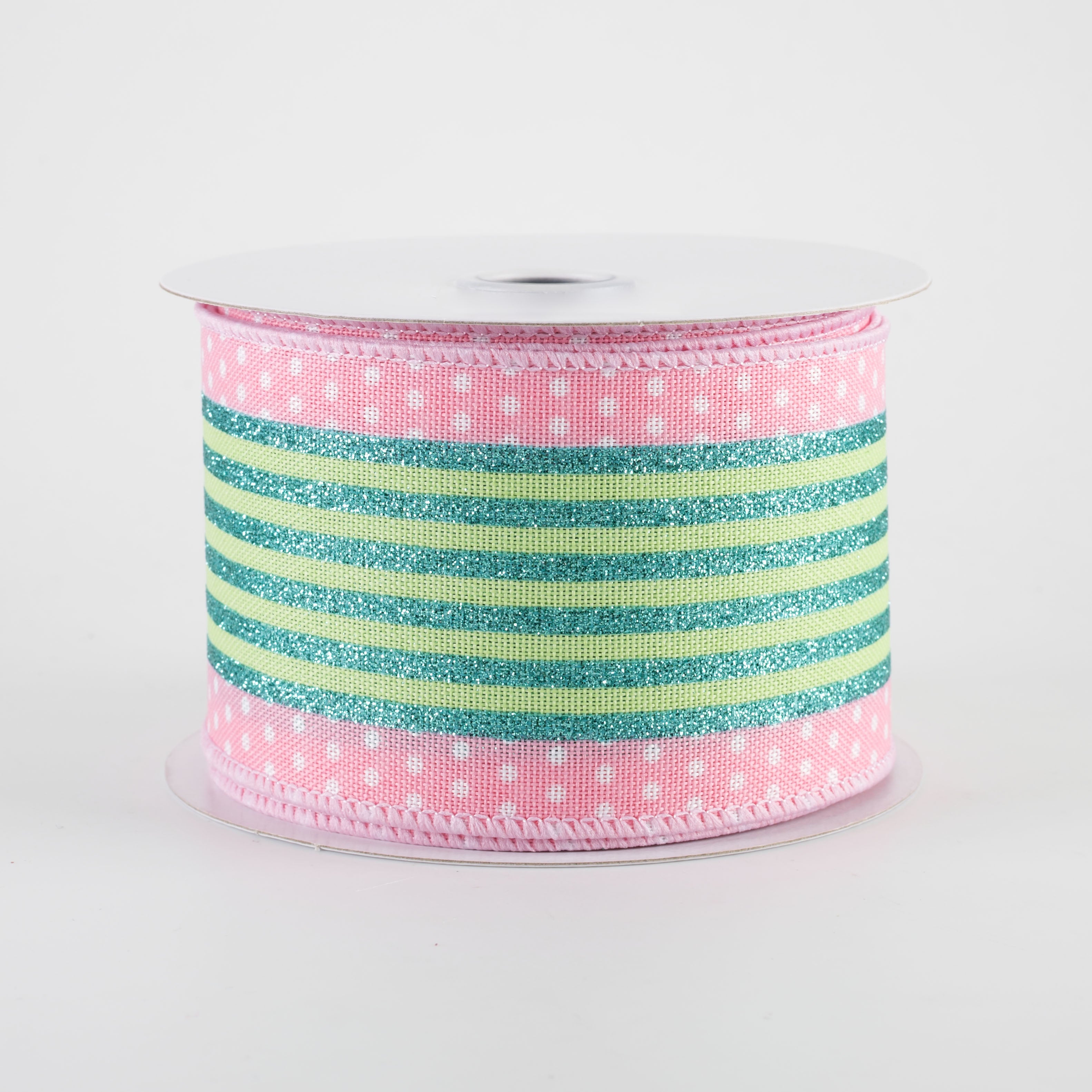 2.5" Vertical Stripe Dot Edge Ribbon: Pink, Green & Teal (10 Yards)