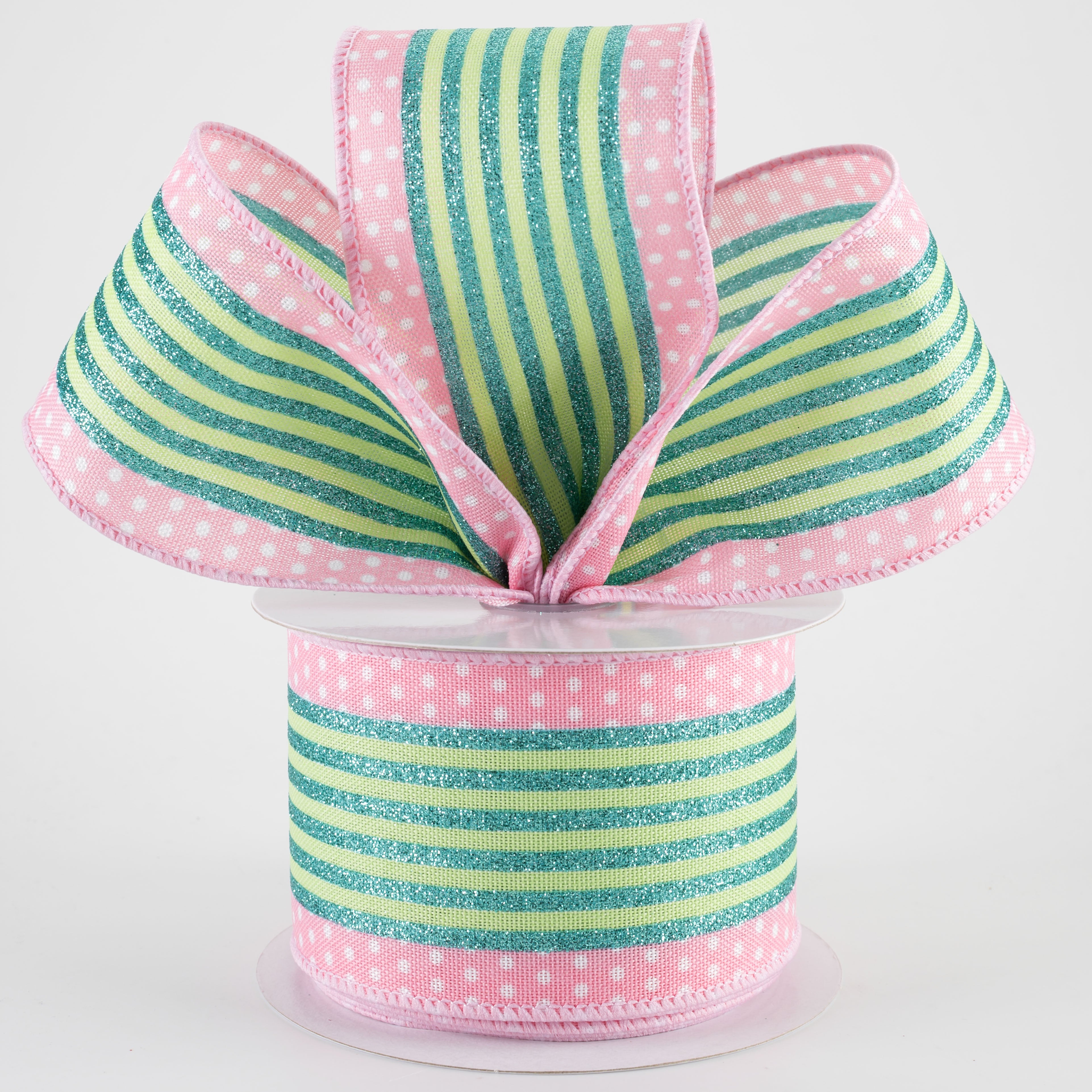 2.5" Vertical Stripe Dot Edge Ribbon: Pink, Green & Teal (10 Yards)