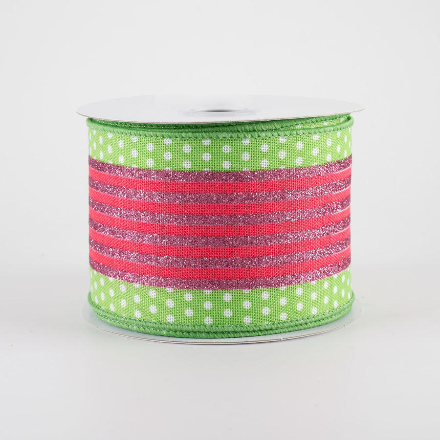 2.5" Vertical Stripe Dot Edge Ribbon: Lime Green, Watermelon & Pink (10 Yards)