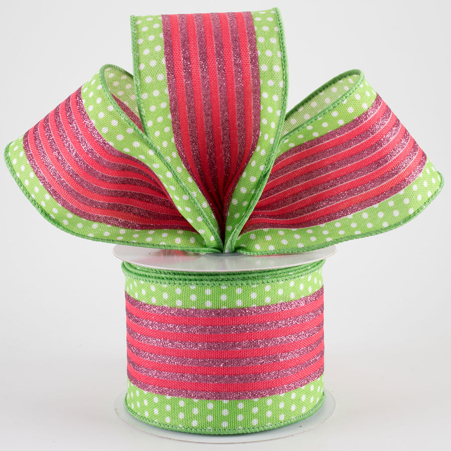 2.5" Vertical Stripe Dot Edge Ribbon: Lime Green, Watermelon & Pink (10 Yards)