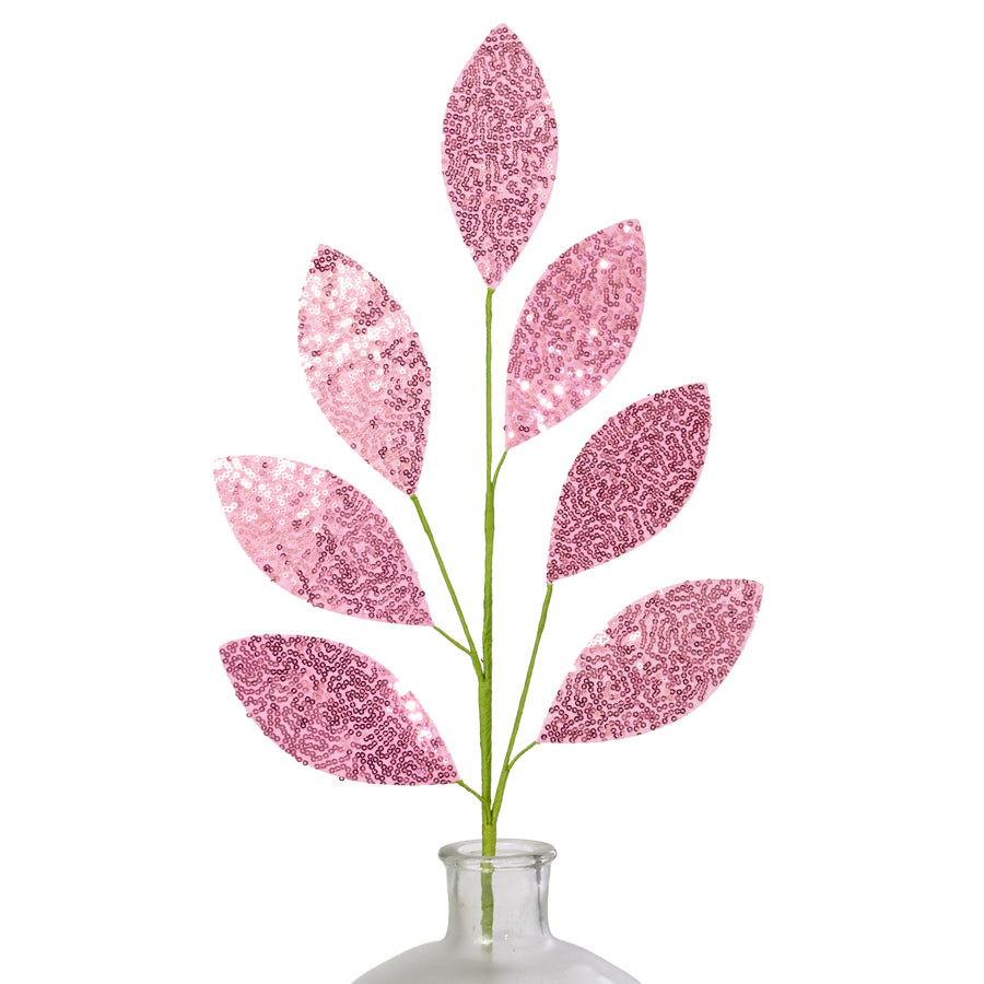 27" Sequin Leaf Spray: Pink