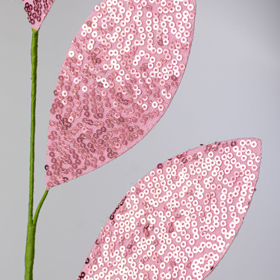 27" Sequin Leaf Spray: Pink