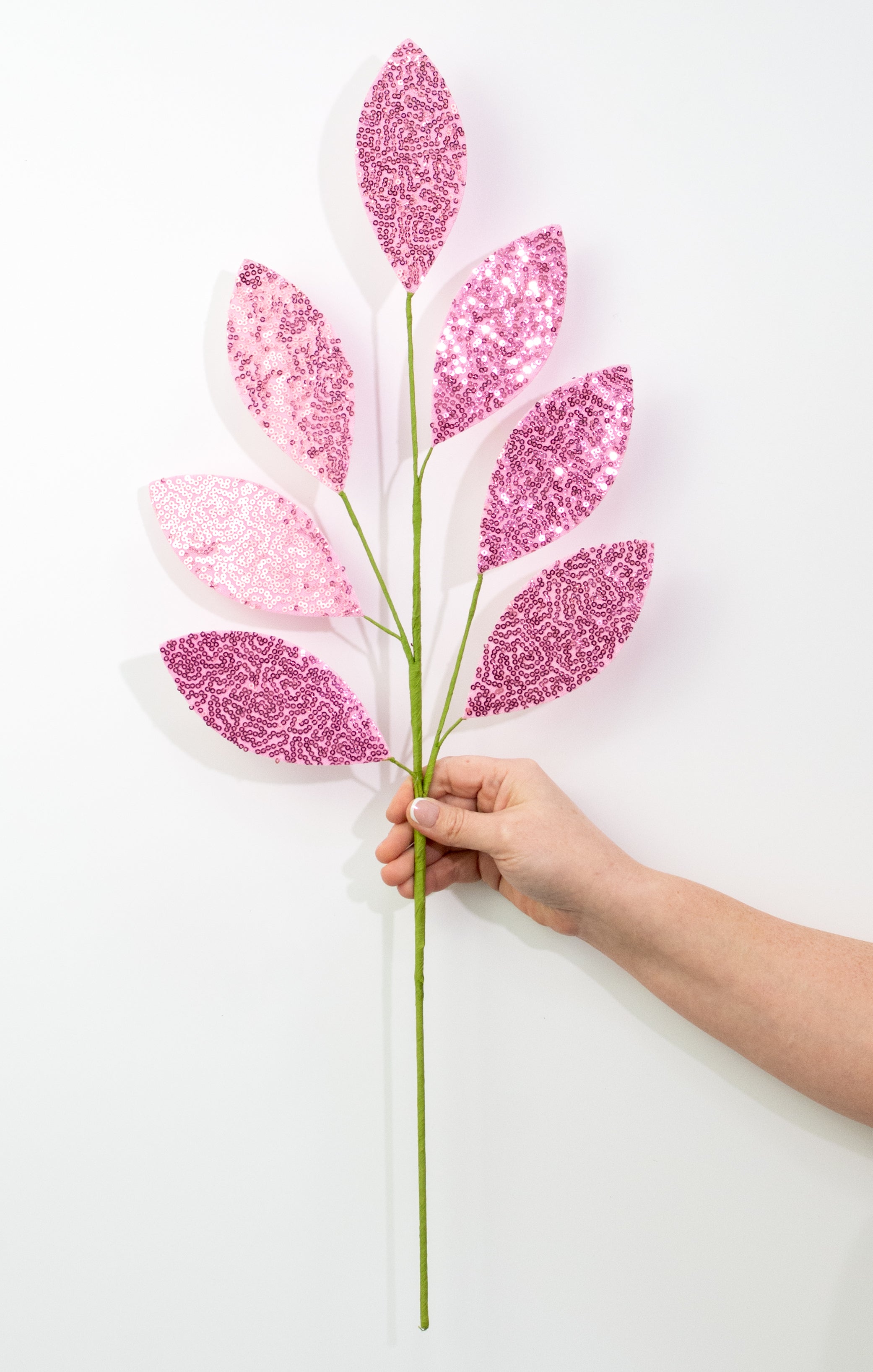 27" Sequin Leaf Spray: Pink