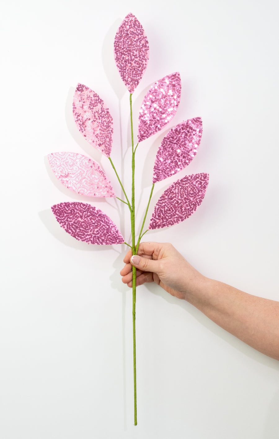 27" Sequin Leaf Spray: Pink